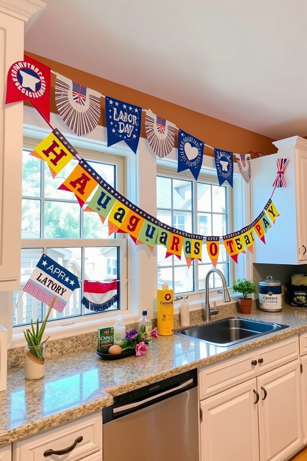 A cozy kitchen adorned with festive banners strung across the windows. The banners feature vibrant colors and playful designs that celebrate Labor Day, creating a cheerful atmosphere.