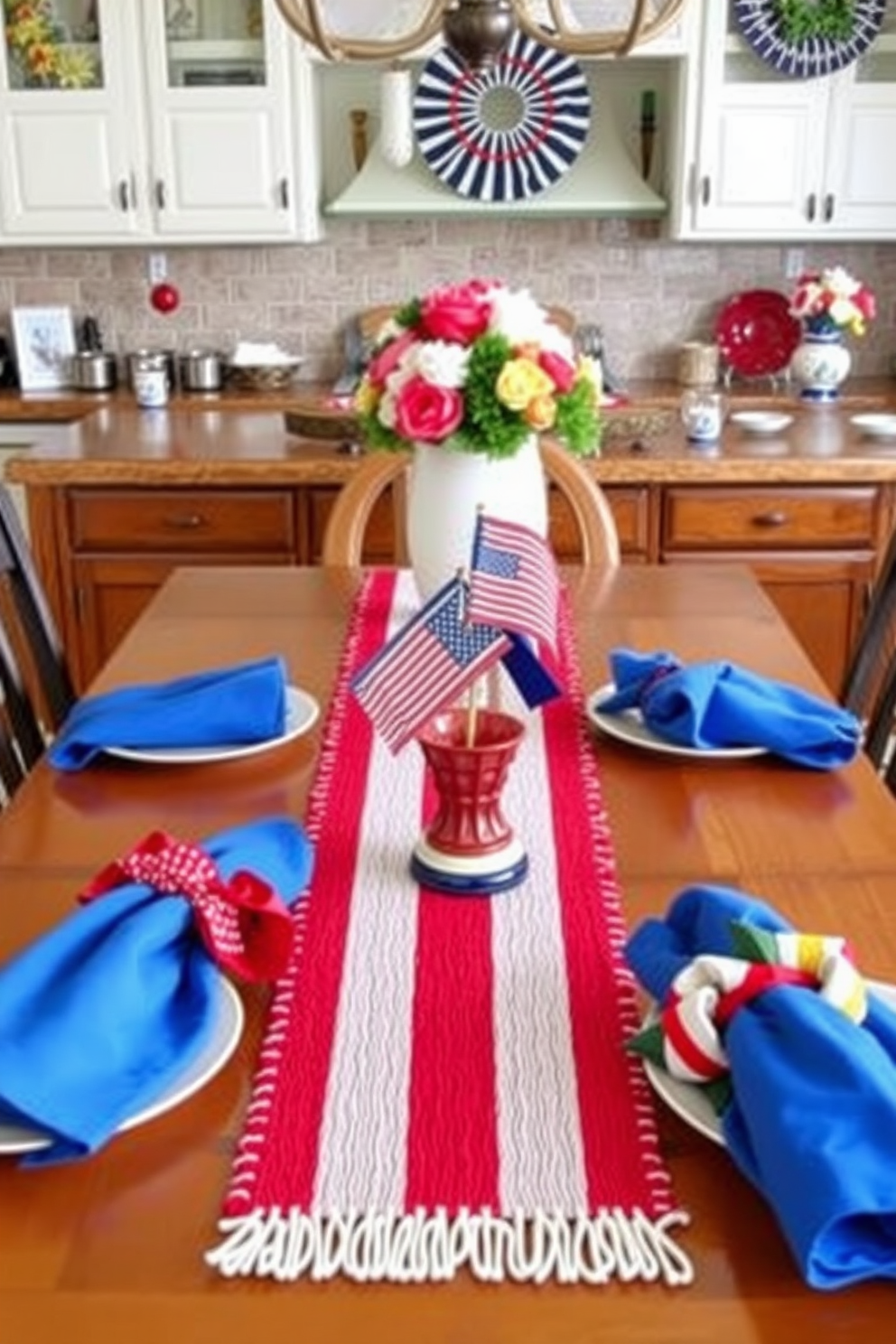 Colorful napkin rings for dining settings. The vibrant rings are made from a mix of materials such as ceramic and fabric, adding a playful touch to the table. Labor Day Kitchen Decorating Ideas. The kitchen features festive decorations with red, white, and blue accents, including themed table runners and seasonal centerpieces.