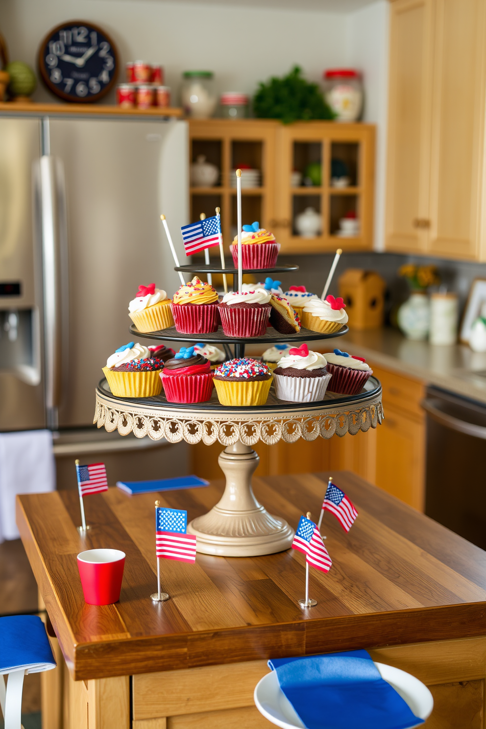 A decorative cake stand is elegantly displayed on a wooden kitchen island, adorned with an assortment of holiday treats including colorful cupcakes and festive cookies. Surrounding the stand, vibrant seasonal decorations like small American flags and red, white, and blue tableware create a cheerful Labor Day atmosphere.