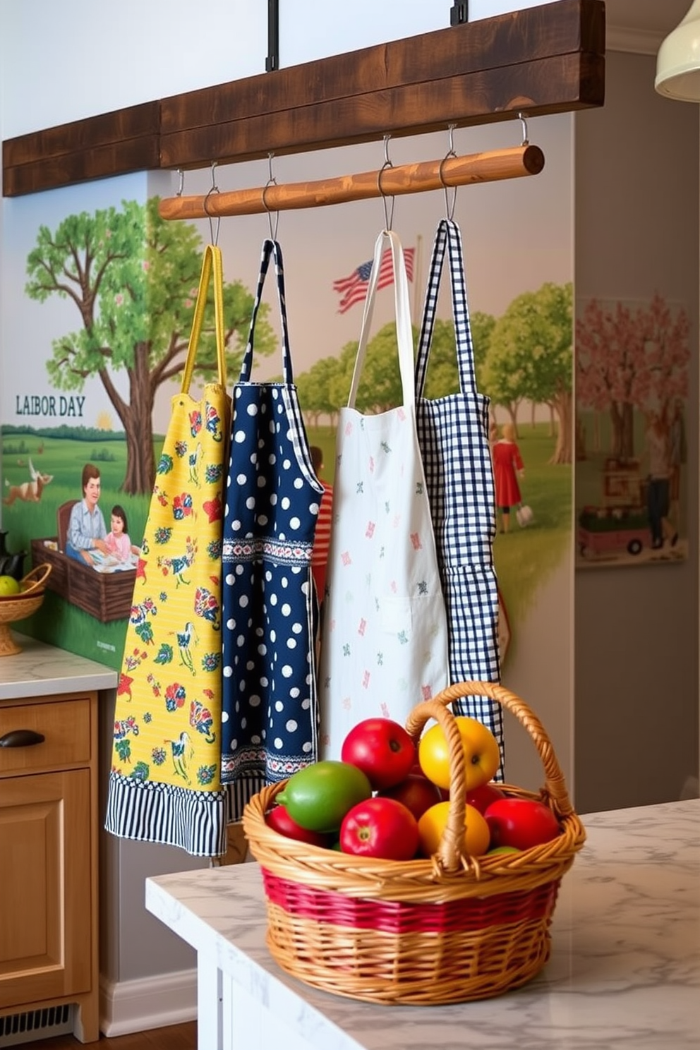 Stylish aprons hang gracefully on a rustic wooden rack, each adorned with unique patterns and colors that add charm to the kitchen. The backdrop features a vibrant mural depicting a lively Labor Day picnic scene, enhancing the festive atmosphere of the space. The kitchen island is decorated with fresh seasonal fruits in a wicker basket, inviting guests to partake in the celebration. Soft, ambient lighting illuminates the area, creating a warm and welcoming environment perfect for gathering and entertaining.