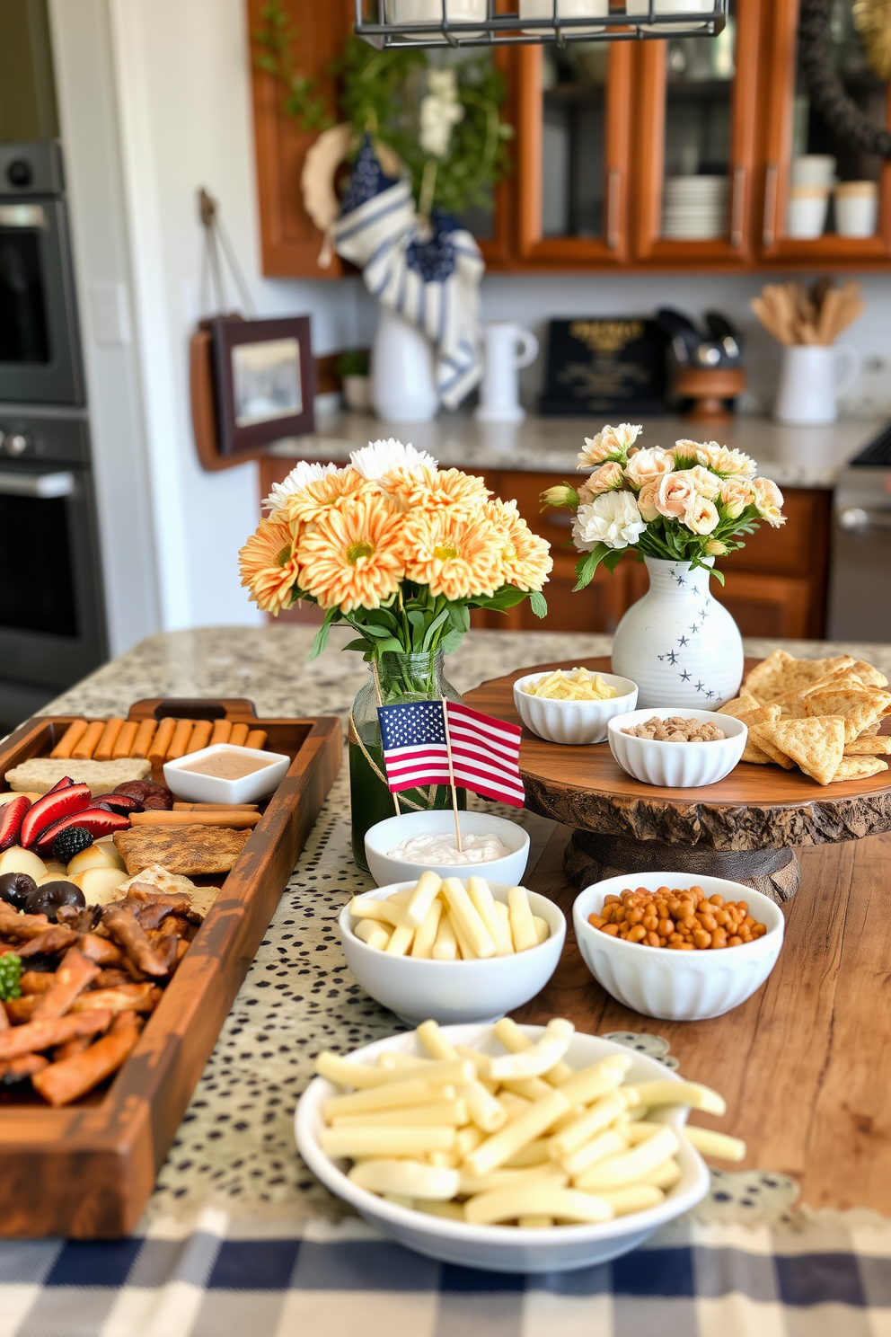 A modern kitchen featuring decorative lighting installed under the cabinets, creating a warm and inviting ambiance. The cabinetry is a sleek white with gold hardware, and the countertops are a polished quartz with subtle veining. For Labor Day kitchen decorating ideas, incorporate seasonal elements like red, white, and blue table settings. Add fresh flowers in a vibrant vase and display patriotic-themed kitchen towels for a festive touch.