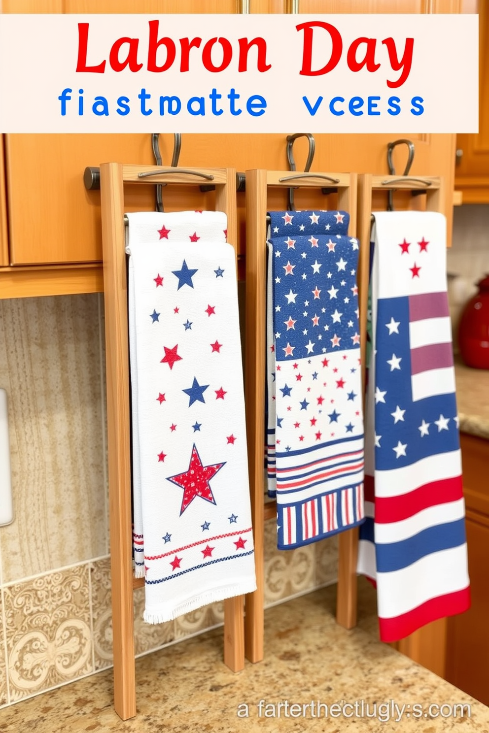 Patriotic themed dish towels are neatly arranged on stylish wooden racks, showcasing vibrant red, white, and blue patterns. The kitchen features a warm color palette with accents of star motifs and stripes, creating a festive atmosphere for Labor Day celebrations.