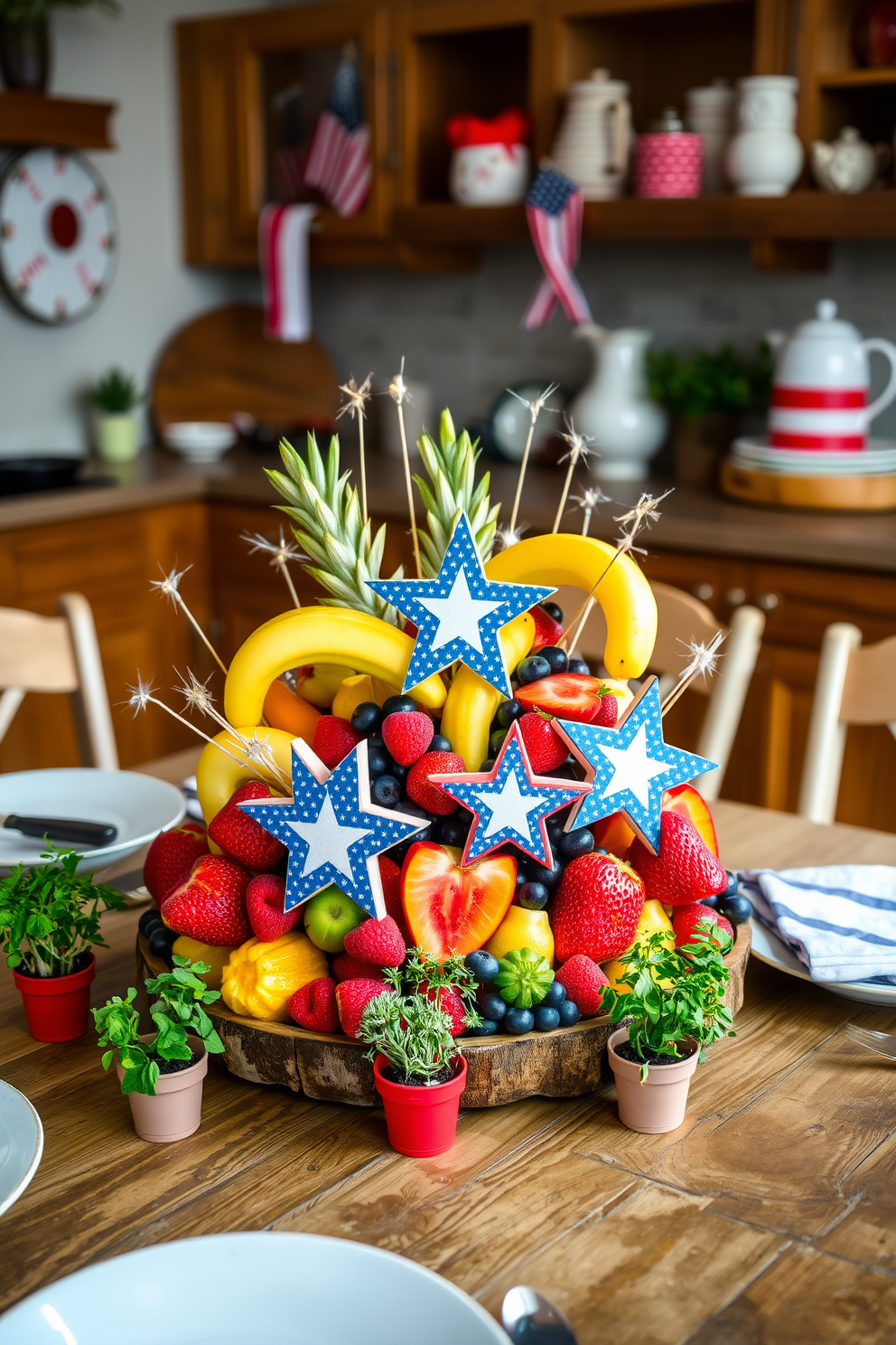 A vibrant seasonal fruit centerpiece is artfully arranged on a rustic wooden table. The display features a variety of colorful fruits surrounded by twinkling star-shaped decorations to celebrate Labor Day. The kitchen is adorned with festive accents, including red, white, and blue tableware that enhances the holiday spirit. Fresh herbs in small pots add a touch of greenery and freshness to the decor.