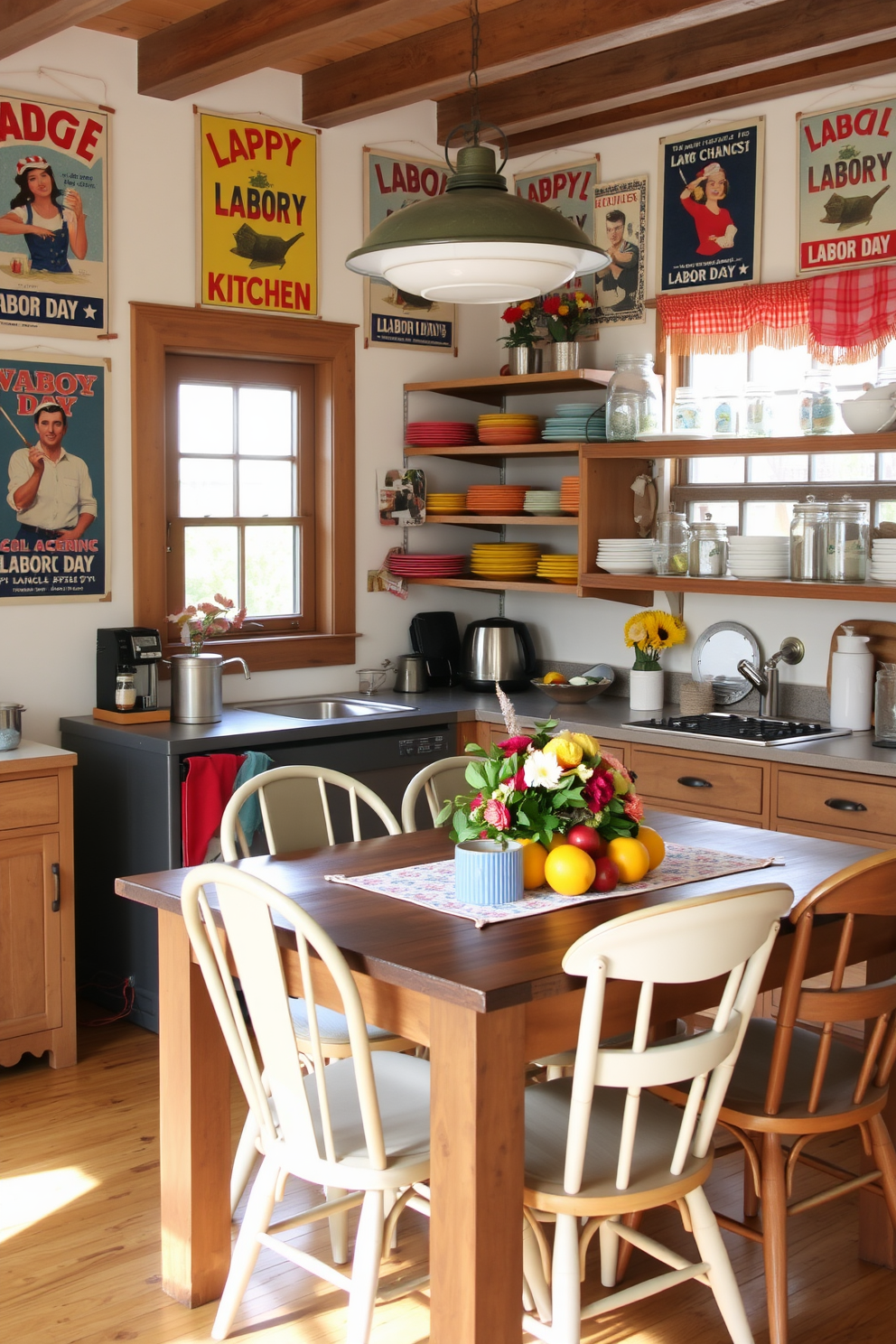 A cozy kitchen adorned with vintage Labor Day posters on the walls, showcasing classic designs that celebrate the holiday's spirit. The decor includes a rustic wooden dining table surrounded by mismatched chairs, with a centerpiece of seasonal fruits and flowers. The kitchen features open shelving filled with colorful dishware and mason jars, creating a warm and inviting atmosphere. Soft, natural light filters through a window, illuminating the space and highlighting the cheerful Labor Day decorations.