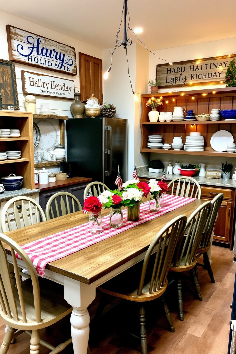 Rustic wooden signs adorned with cheerful holiday messages hang on the walls, creating a warm and inviting atmosphere. The kitchen features a farmhouse table surrounded by mismatched chairs, complemented by vintage kitchenware displayed on open shelves. For Labor Day, the kitchen is decorated with red, white, and blue accents, including table runners and seasonal centerpieces. Fresh flowers in mason jars add a touch of color, while twinkling string lights create a festive ambiance.