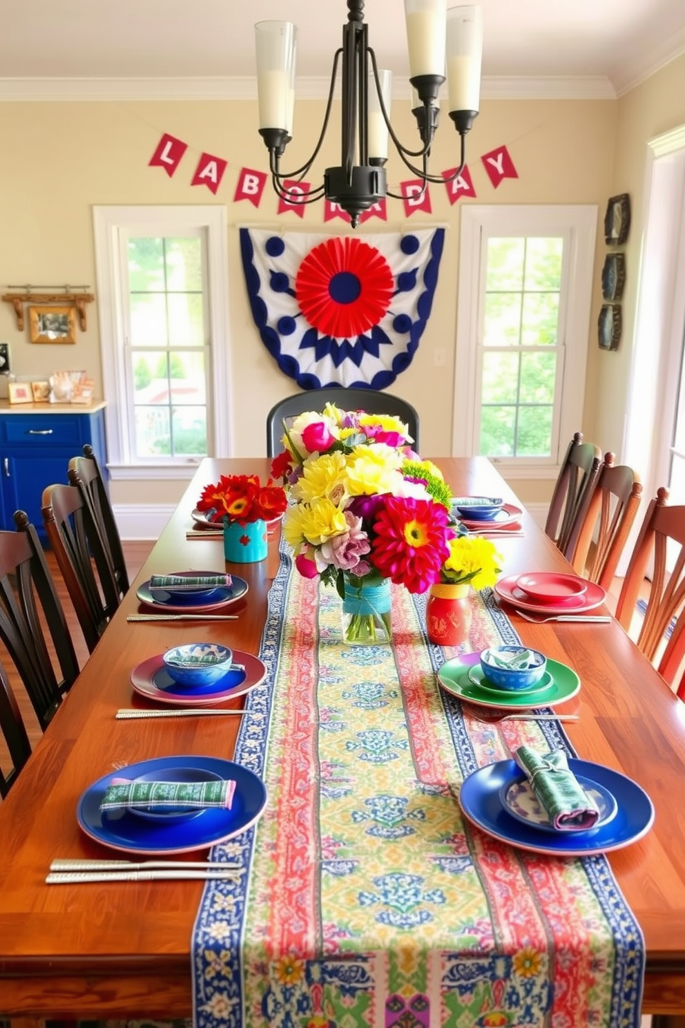 Open shelving creates a warm and inviting atmosphere in the kitchen, showcasing colorful dishware and decorative items. The shelves are made of reclaimed wood, adding a rustic charm, and are strategically placed above the countertop for easy access. For Labor Day kitchen decorating ideas, incorporate red, white, and blue accents through tableware and seasonal decorations. Fresh flowers in a patriotic color scheme can be arranged in a vase on the countertop, enhancing the festive spirit while maintaining a stylish look.