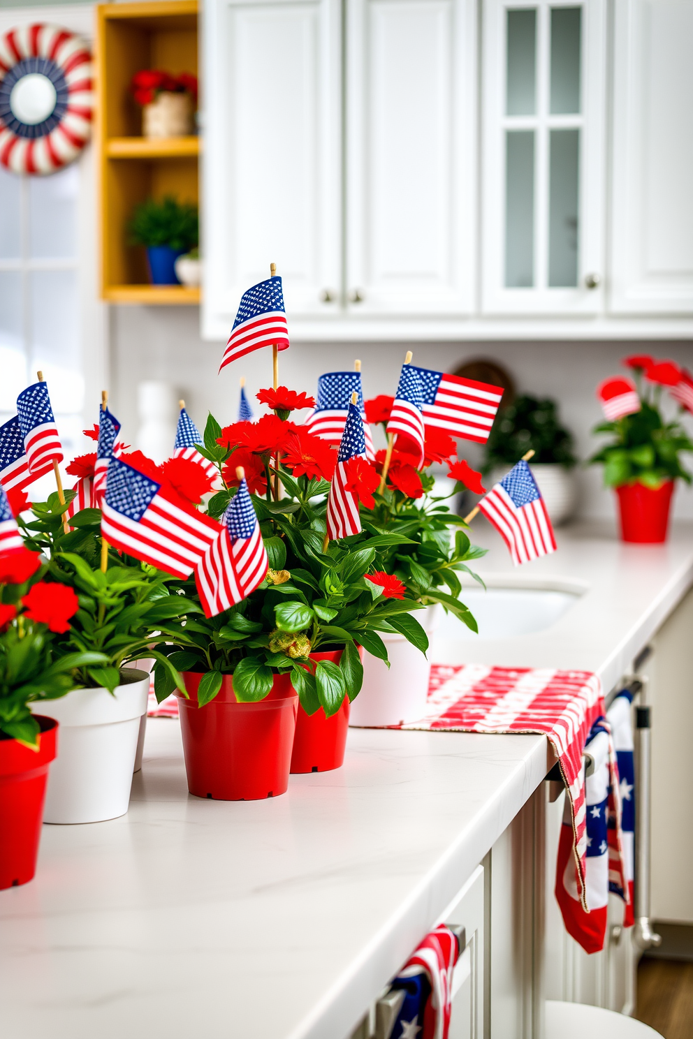 A festive kitchen adorned with mini American flags nestled in vibrant potted plants. The countertops are decorated with red white and blue accents creating a cheerful atmosphere for Labor Day celebrations.