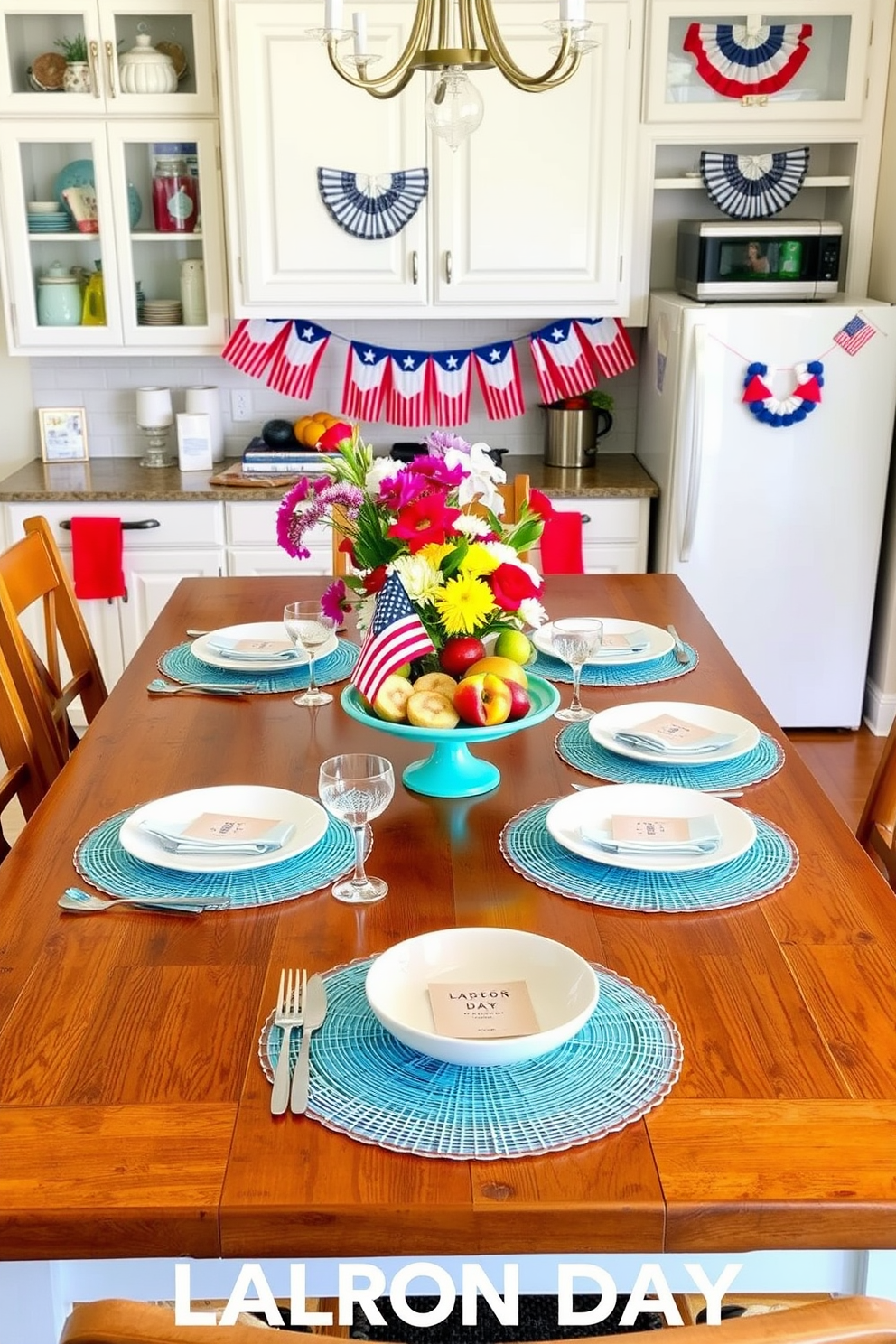 Brightly colored placemats are arranged on a polished wooden dining table, adding a vibrant touch to the setting. The table is set with elegant dinnerware, and a centerpiece of fresh flowers complements the cheerful hues of the placemats. For Labor Day, the kitchen is decorated with festive elements like red, white, and blue bunting hanging from the cabinets. A rustic wooden table displays a spread of seasonal fruits and themed treats, creating a welcoming atmosphere for gatherings.