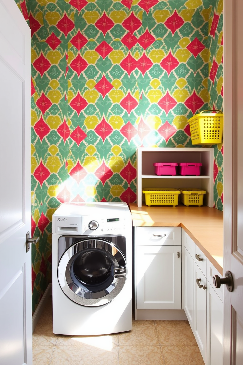 A vibrant laundry room adorned with bold wallpaper featuring a colorful geometric pattern. The space is brightened by natural light streaming through a large window, highlighting the cheerful ambiance. The laundry area includes a modern washer and dryer set, neatly tucked into custom cabinetry. Brightly colored baskets are arranged on open shelves, adding a playful touch to the functional space.