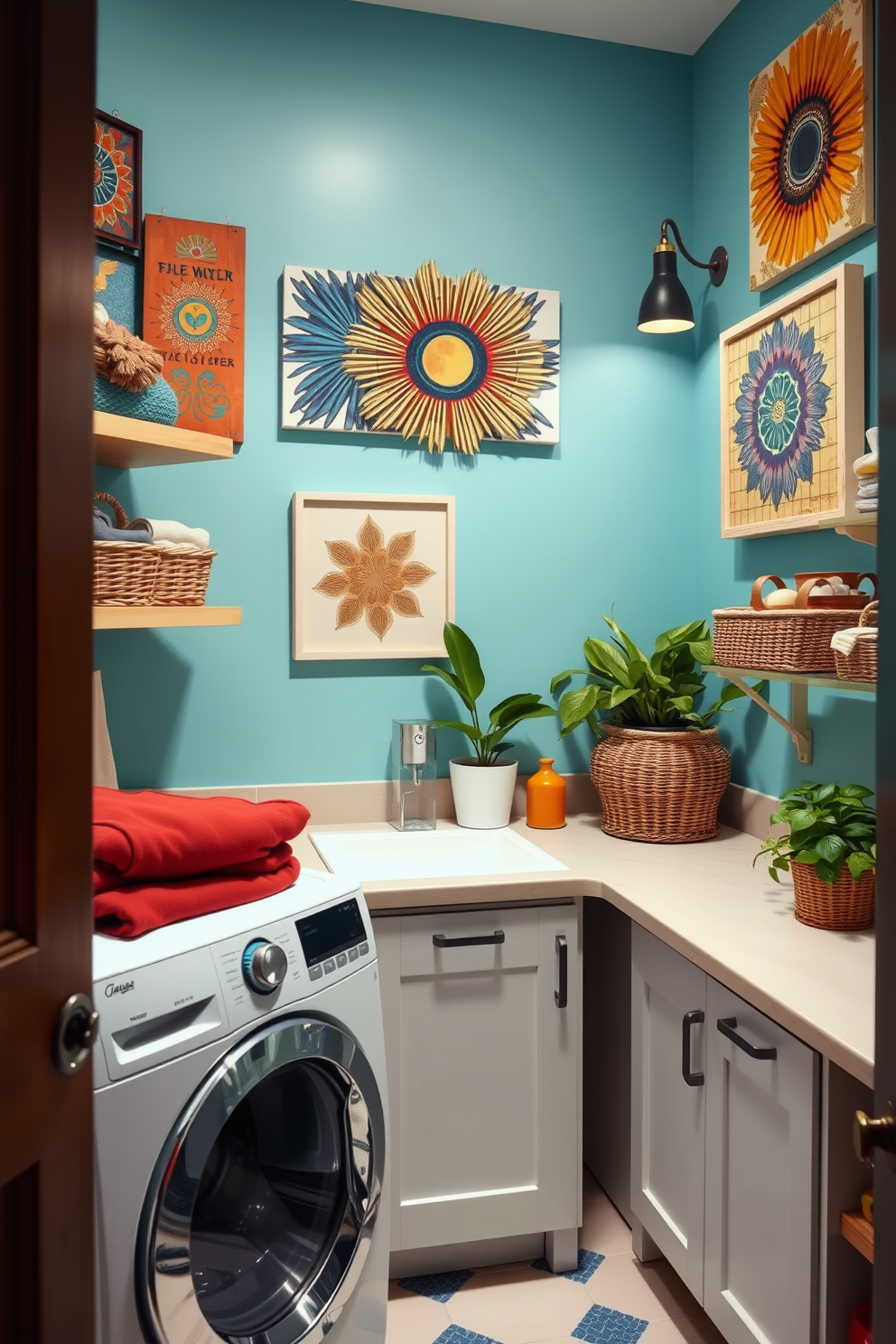 A bright and functional laundry room features a chalkboard mounted on the wall for notes and reminders. The space includes a modern washer and dryer with ample countertop space for folding clothes, accented by cheerful decor in Labor Day colors.