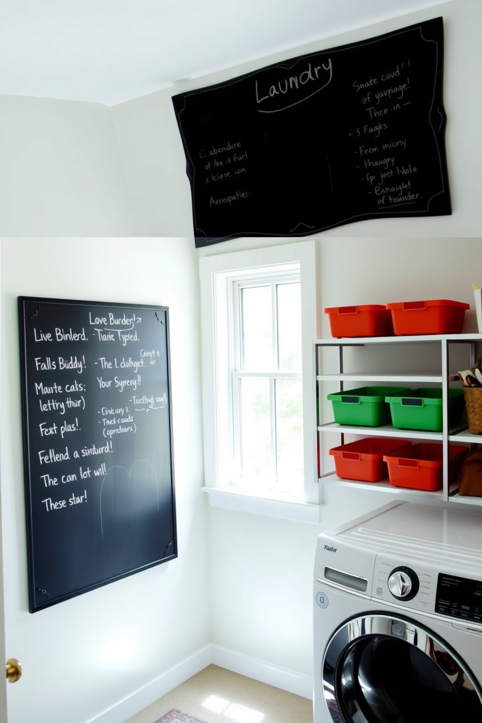 A functional laundry room featuring a large chalkboard mounted on the wall for reminders and notes. The space is brightened by natural light streaming through a window, with organized shelves holding colorful storage bins.