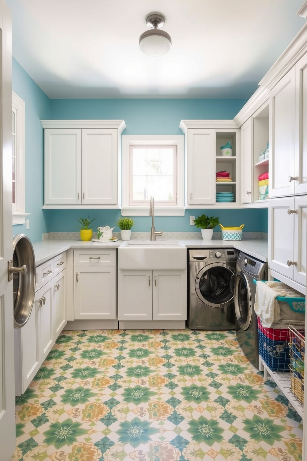 A vibrant laundry room featuring patterned tiles that create a unique floor design. The walls are painted in a cheerful light blue, complemented by white cabinetry that provides ample storage space. A farmhouse-style sink is positioned centrally, with a stylish faucet above it. Decorative elements like potted plants and colorful laundry baskets add a playful touch to the space.