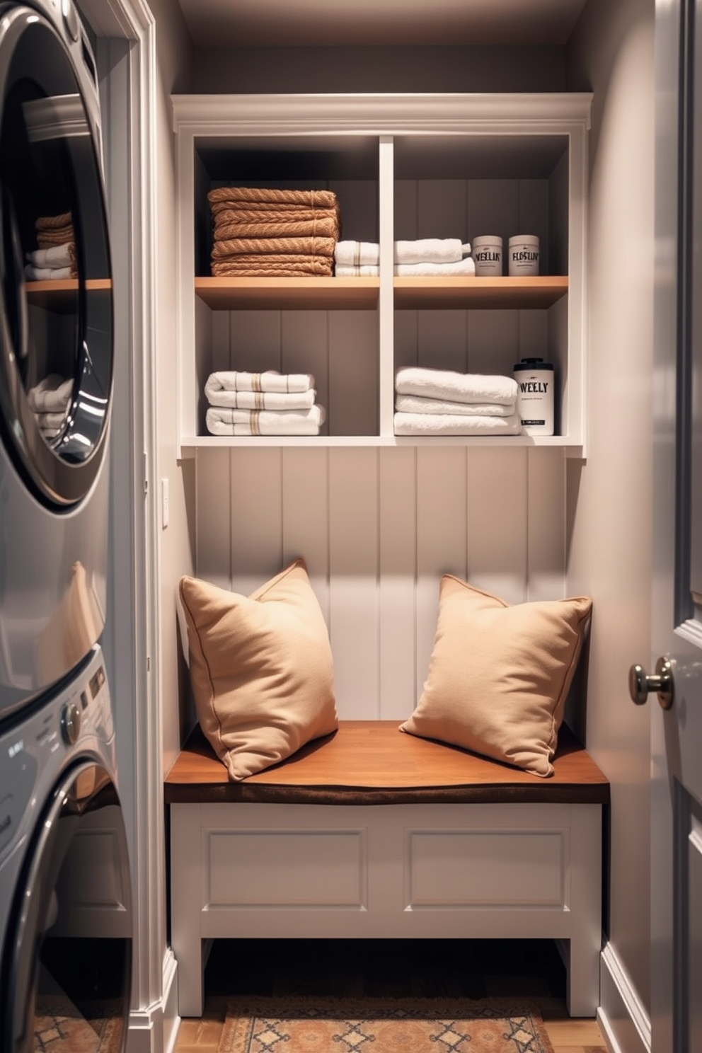 A cozy laundry room featuring a comfortable bench with plush cushions against the wall. The space is illuminated by soft lighting, with shelves above the bench displaying neatly folded towels and laundry essentials.