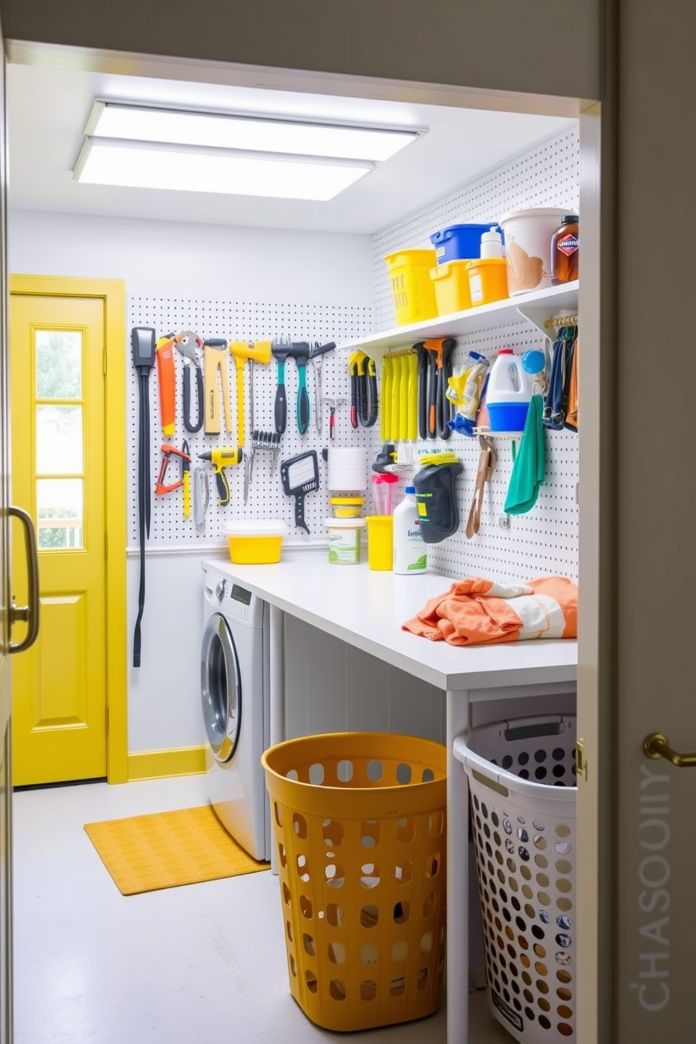 A functional laundry room featuring a pegboard wall for organizing tools and supplies. The space is brightened by cheerful yellow accents, with a stylish countertop for folding clothes and a laundry basket neatly placed in the corner.