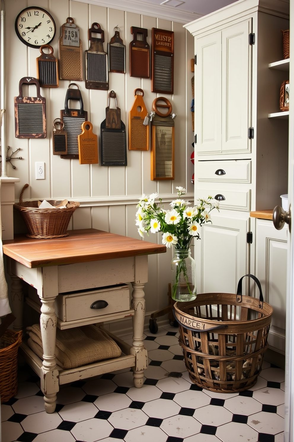 A cozy laundry room filled with vintage decor that adds charm and character. The space features a distressed wooden table, a collection of antique washboards on the wall, and soft pastel-colored cabinets that evoke a nostalgic feel. The floor is adorned with a classic checkerboard pattern, while a vintage laundry basket sits in the corner. Fresh flowers in an old mason jar rest on the table, bringing a touch of nature into the room.