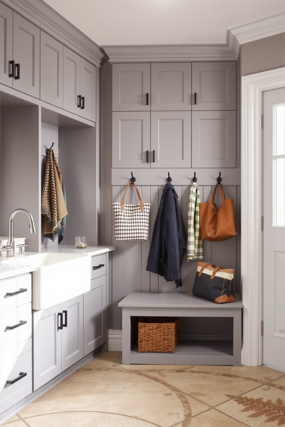 A functional mudroom laundry combo features a spacious layout with built-in cabinetry for storage and organization. The walls are painted in a soft gray, complemented by a large farmhouse sink and a countertop for folding laundry. Stylish hooks are mounted for hanging coats and bags, while a bench provides a convenient seating area. The flooring is a durable tile that can withstand heavy foot traffic and is easy to clean.