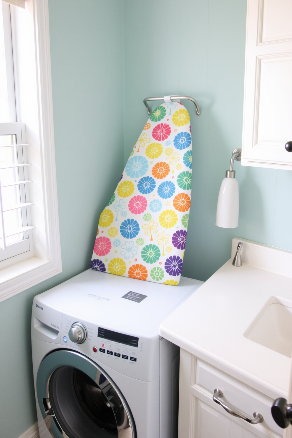 A vibrant laundry room adorned with bold patterned wallpaper that creates a striking focal point. The space features a sleek countertop for folding clothes, complemented by open shelving displaying neatly arranged baskets and decorative items. Incorporate a stylish washing machine and dryer set with a modern finish, positioned beneath a row of colorful framed art pieces. A cheerful rug lies underfoot, adding warmth and comfort to the functional area, while potted plants bring a touch of nature indoors.