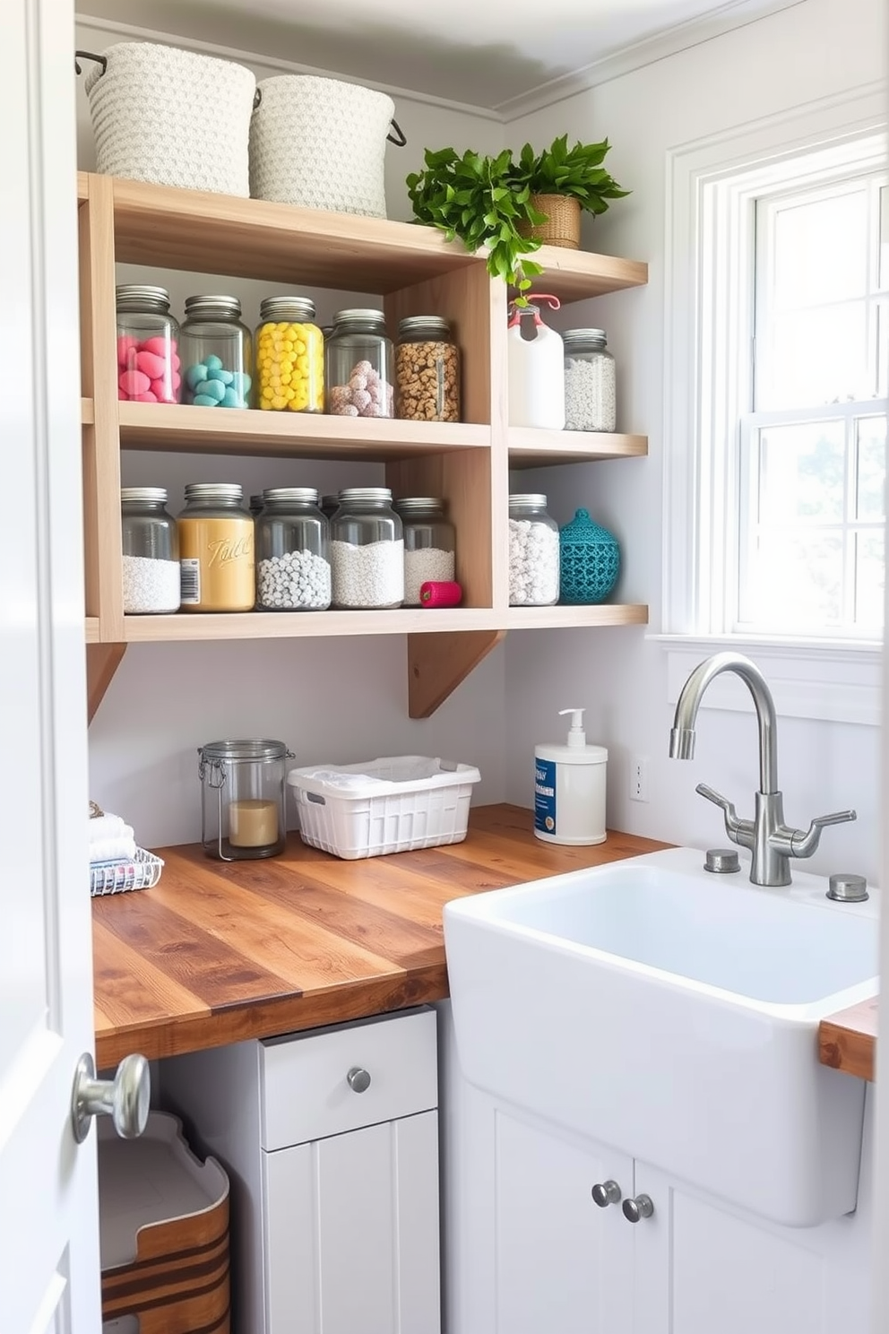 A bright and airy laundry room featuring clear jars neatly arranged on open shelving. The jars are filled with colorful laundry supplies, adding a pop of color against the soft white walls. A large farmhouse sink sits under a window, allowing natural light to flood the space. The countertops are made of reclaimed wood, providing a rustic charm that complements the modern decor.