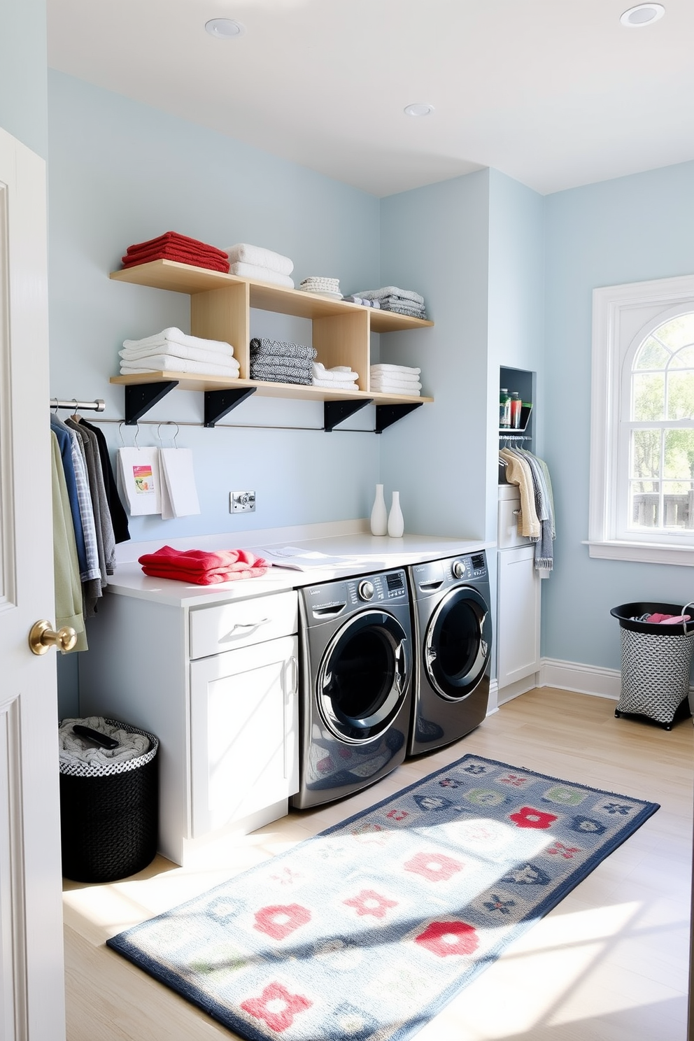 A stylish laundry room featuring open shelving for storage. The shelves are made of reclaimed wood and are adorned with neatly folded towels and decorative baskets. The walls are painted in a soft blue hue, creating a calming atmosphere. A farmhouse sink sits beneath a window, with a vintage-style faucet adding a touch of charm.