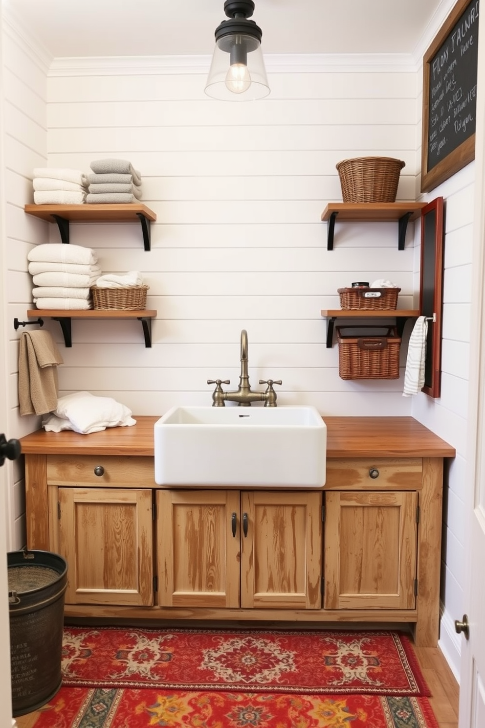 A cozy farmhouse laundry room featuring shiplap walls painted in soft white. There are open wooden shelves displaying neatly folded towels and rustic baskets filled with laundry essentials. In the center, a large farmhouse sink with an antique faucet sits atop a distressed wood countertop. A vintage-style rug adds a pop of color, while a chalkboard hangs on the wall for notes and reminders.