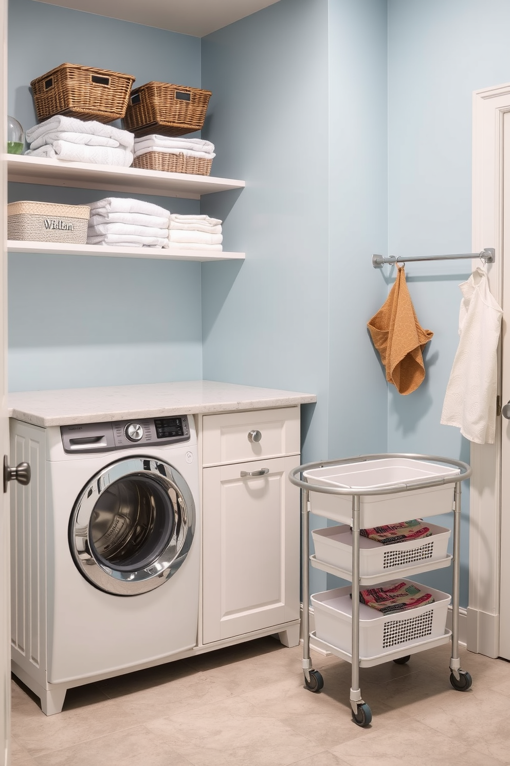 A cozy laundry room featuring a small desk for organizing tasks. The desk is positioned near a window, allowing natural light to illuminate the space, and is complemented by a stylish chair. The walls are painted in a soft blue hue, creating a calm atmosphere. Shelving above the desk holds decorative storage bins and plants, while a laundry basket sits in the corner, adding functionality to the design.