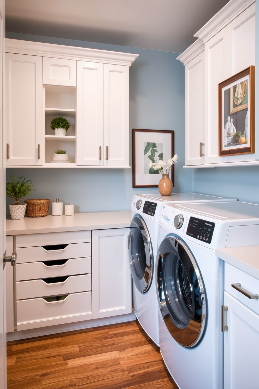 A stylish laundry room features decorative hooks mounted on the wall for hanging towels. The space is brightened by cheerful colors and organized storage solutions, creating an inviting atmosphere for laundry tasks.