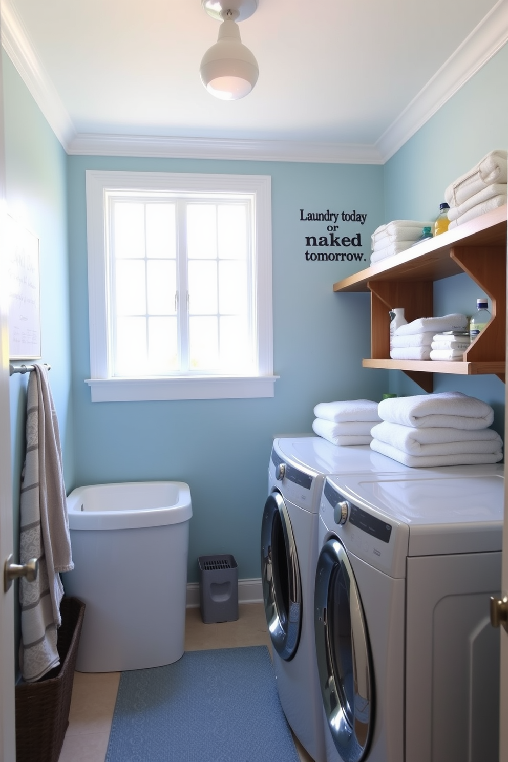 A cheerful laundry room designed for functionality and style. The walls are painted in a soft blue hue, and a large wooden shelf holds neatly folded towels and laundry supplies. A bright window allows natural light to flood the space, making it feel open and inviting. On the wall, a fun quote reads 