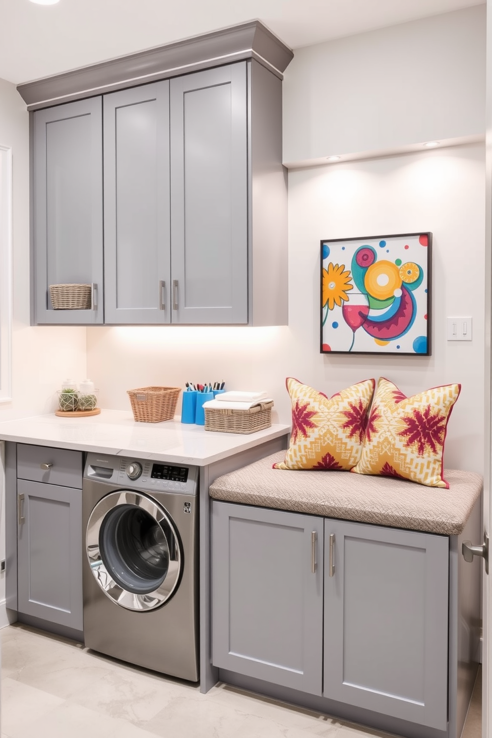 A modern laundry room features sleek cabinetry in a soft gray finish with under-cabinet lighting that creates a warm and inviting ambiance. The countertop is a durable quartz surface, and decorative baskets are neatly arranged for storage, adding a touch of style to the functional space. Incorporate vibrant wall art that reflects a cheerful theme, enhancing the overall decor for a refreshing look. A cozy seating area with a small bench and colorful cushions invites relaxation while waiting for laundry to finish.