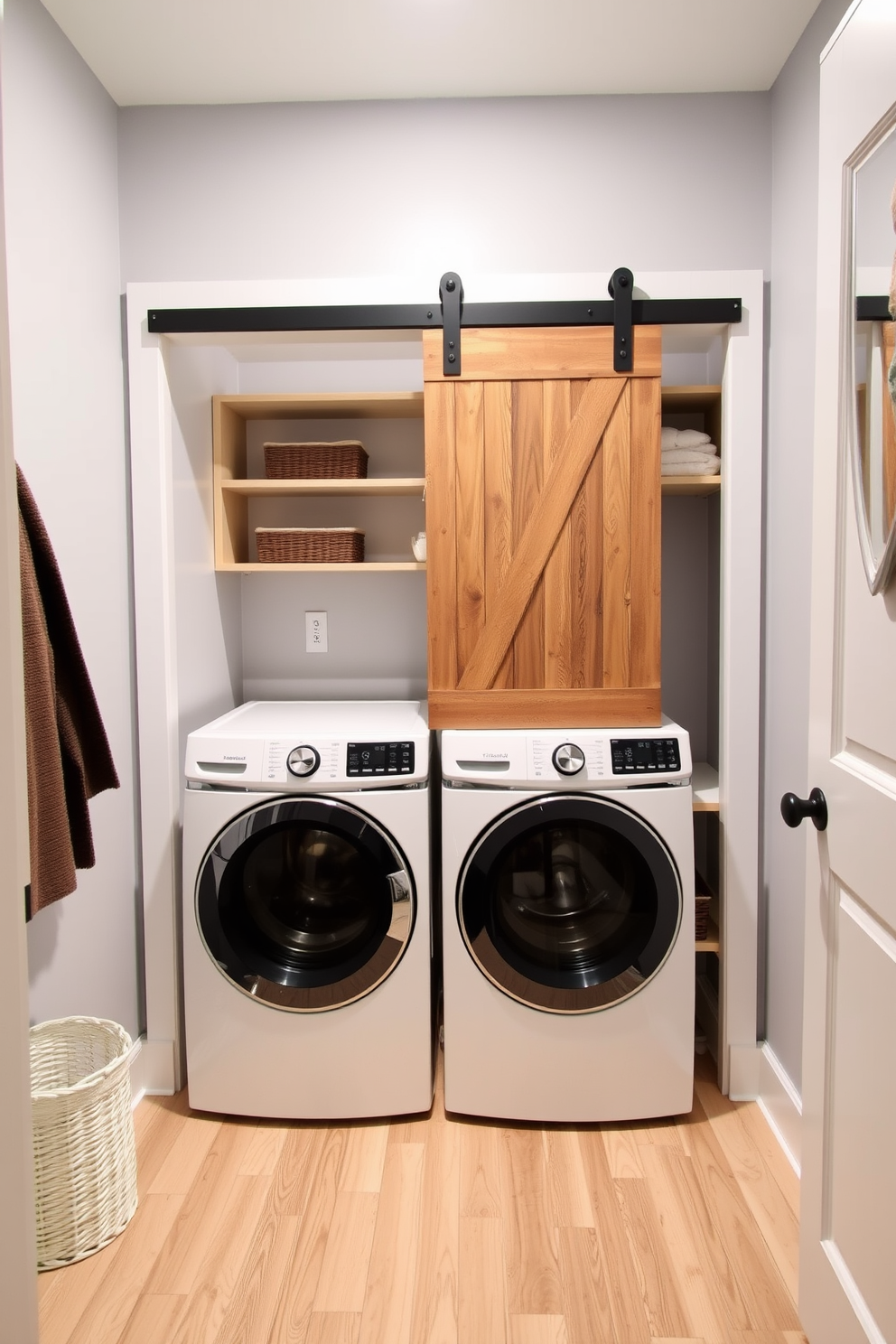 A stylish laundry room featuring a sliding barn door that adds rustic charm. The space is equipped with a modern washer and dryer set, surrounded by open shelving for easy access to laundry essentials.