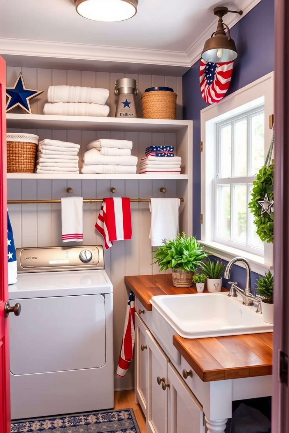 A bright and airy laundry room featuring a spacious countertop for folding clothes. Potted plants in the corners add a refreshing touch of greenery, creating a lively and inviting atmosphere. The walls are painted in a soft pastel color, complemented by open shelving displaying neatly organized laundry supplies. A stylish laundry basket sits beside the washer and dryer, enhancing the room's functionality and aesthetic appeal.