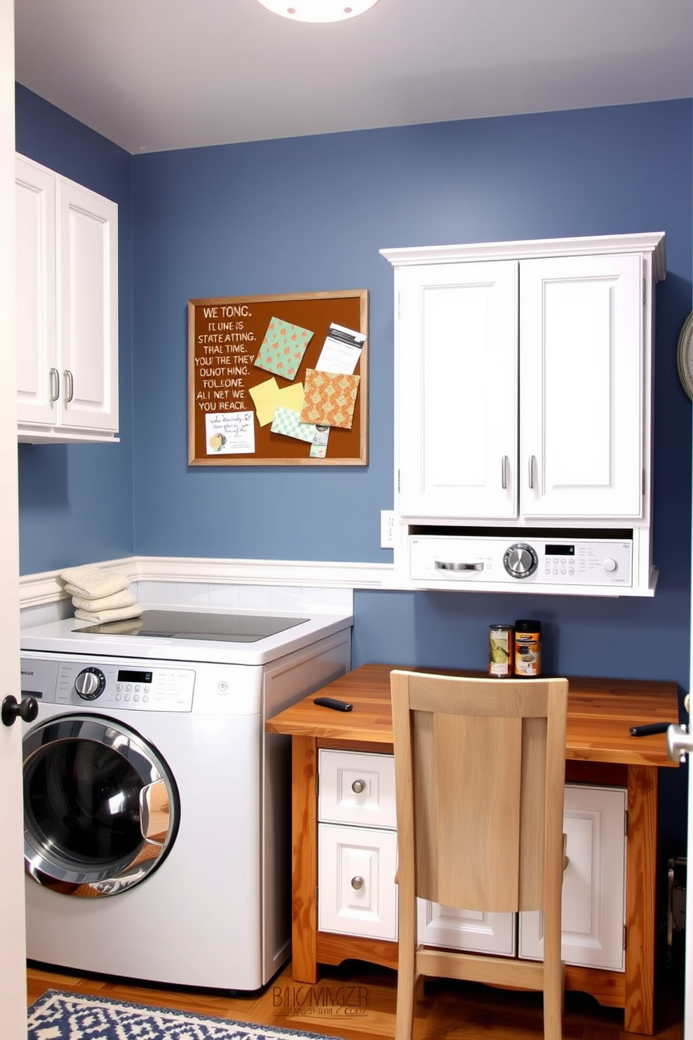 A stylish laundry room featuring a small desk area for multitasking. The walls are painted in a soft blue hue, with white cabinetry providing ample storage space for laundry essentials. The desk is made of reclaimed wood, paired with a comfortable chair that complements the overall aesthetic. A decorative bulletin board hangs above the desk, adorned with inspiring quotes and fabric swatches for future projects.