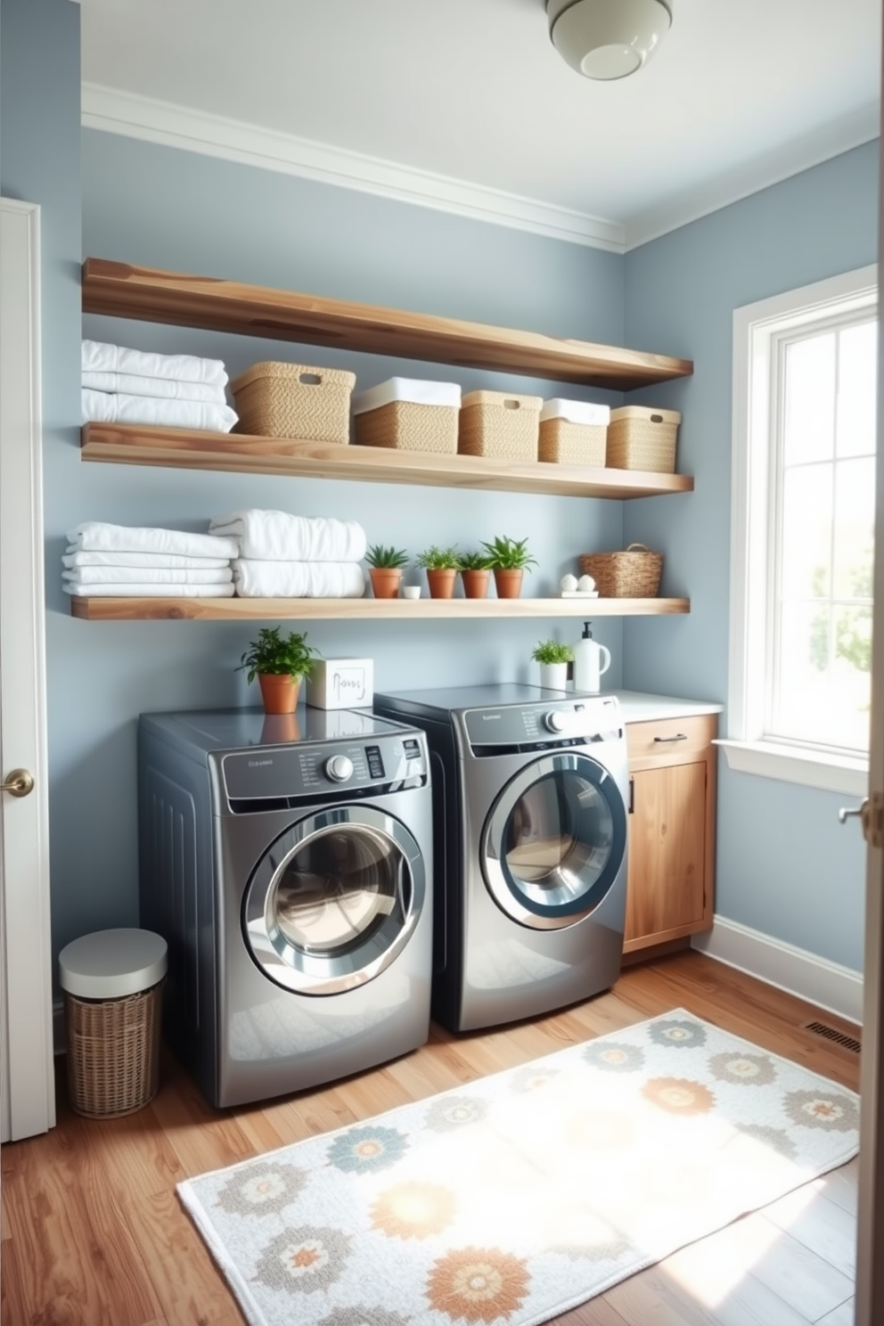 A bright and airy laundry room featuring decorative baskets in various sizes for organization. The walls are painted in a soft blue hue, and a large window allows natural light to flood the space, creating a cheerful atmosphere. A rustic wooden countertop serves as a folding area, adorned with a potted plant and a stylish laundry sign. The floor is covered with a patterned rug that adds warmth, while neatly stacked towels and detergents are displayed in the decorative baskets.