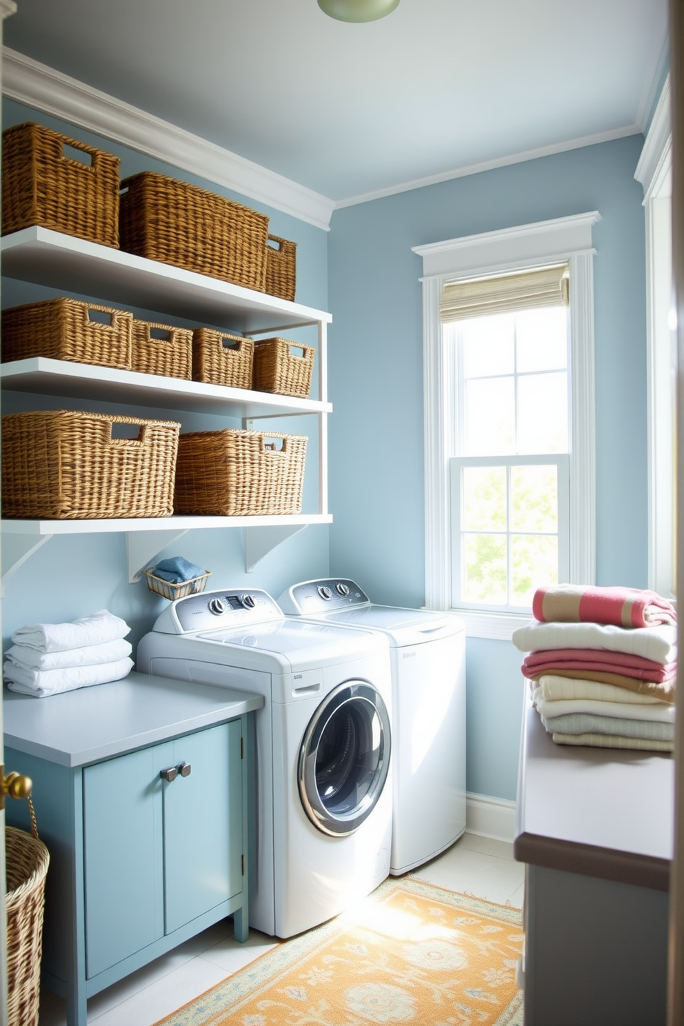 A bright and airy laundry room featuring decorative baskets for organization. The walls are painted in a soft blue hue, and natural light floods in through a large window, illuminating the space. Stylish woven baskets are neatly arranged on open shelving, providing both functionality and charm. A cheerful rug in a coordinating color adds warmth underfoot, while freshly laundered clothes are folded and placed on a countertop.