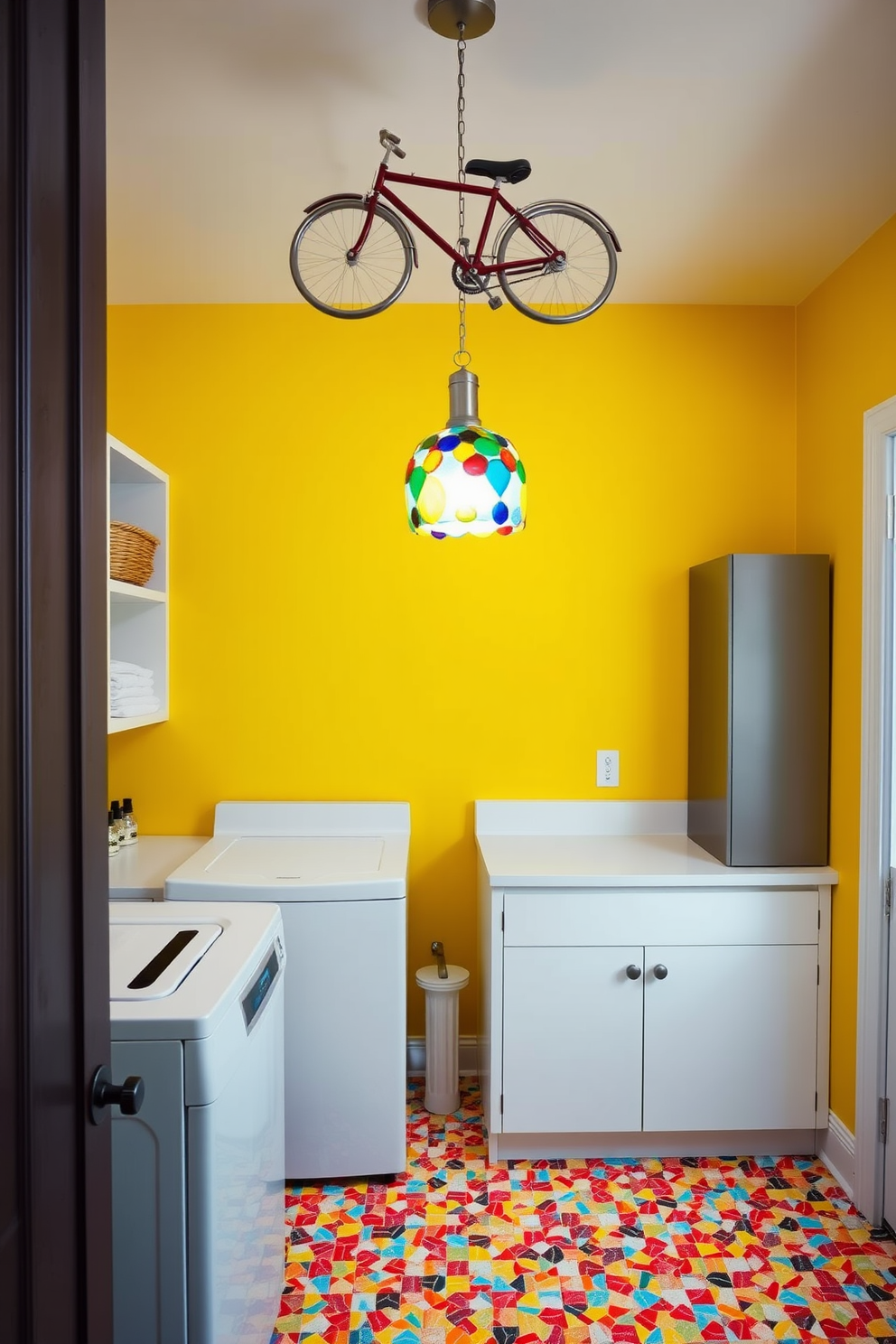 A vibrant laundry room featuring a playful light fixture in the shape of a vintage bicycle. The walls are painted in a cheerful yellow, and the space includes open shelving with neatly organized baskets for storage. A modern laundry room design showcasing a whimsical pendant light made of colorful glass. The countertops are a bright white, and the floor is tiled with a cheerful mosaic pattern that adds a pop of color to the space.