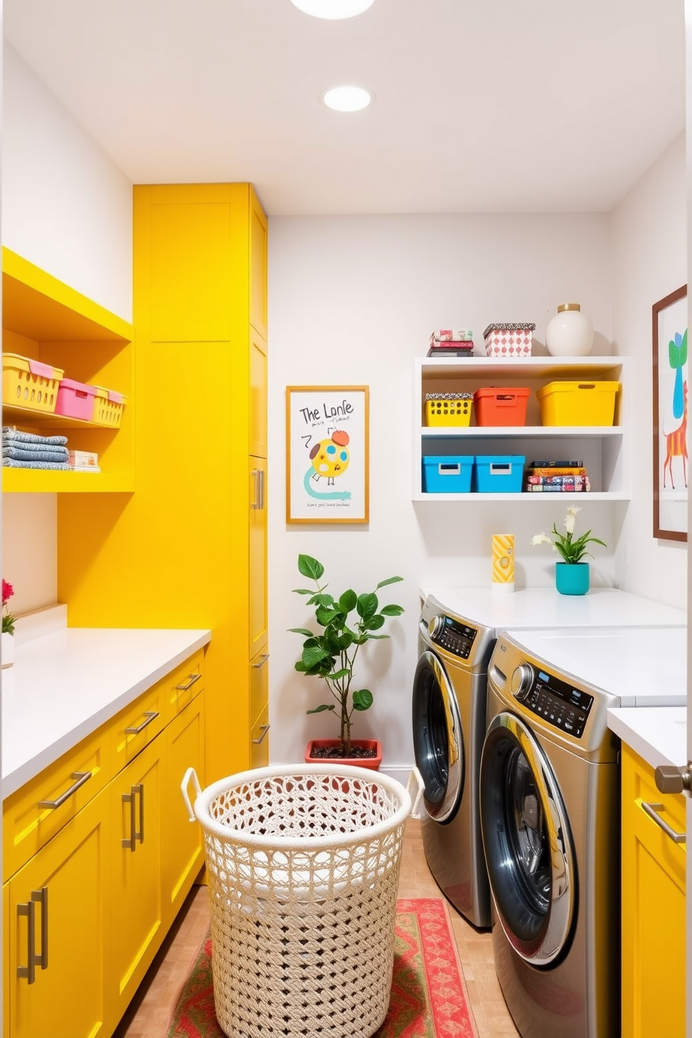 A vibrant laundry room featuring cabinets painted in a bright sunny yellow. The countertops are a sleek white, complemented by stylish open shelving displaying colorful storage bins and decorative items. The walls are adorned with cheerful artwork that adds a playful touch to the space. A practical yet chic laundry basket sits in the corner, and a small potted plant brings a bit of greenery into the room.