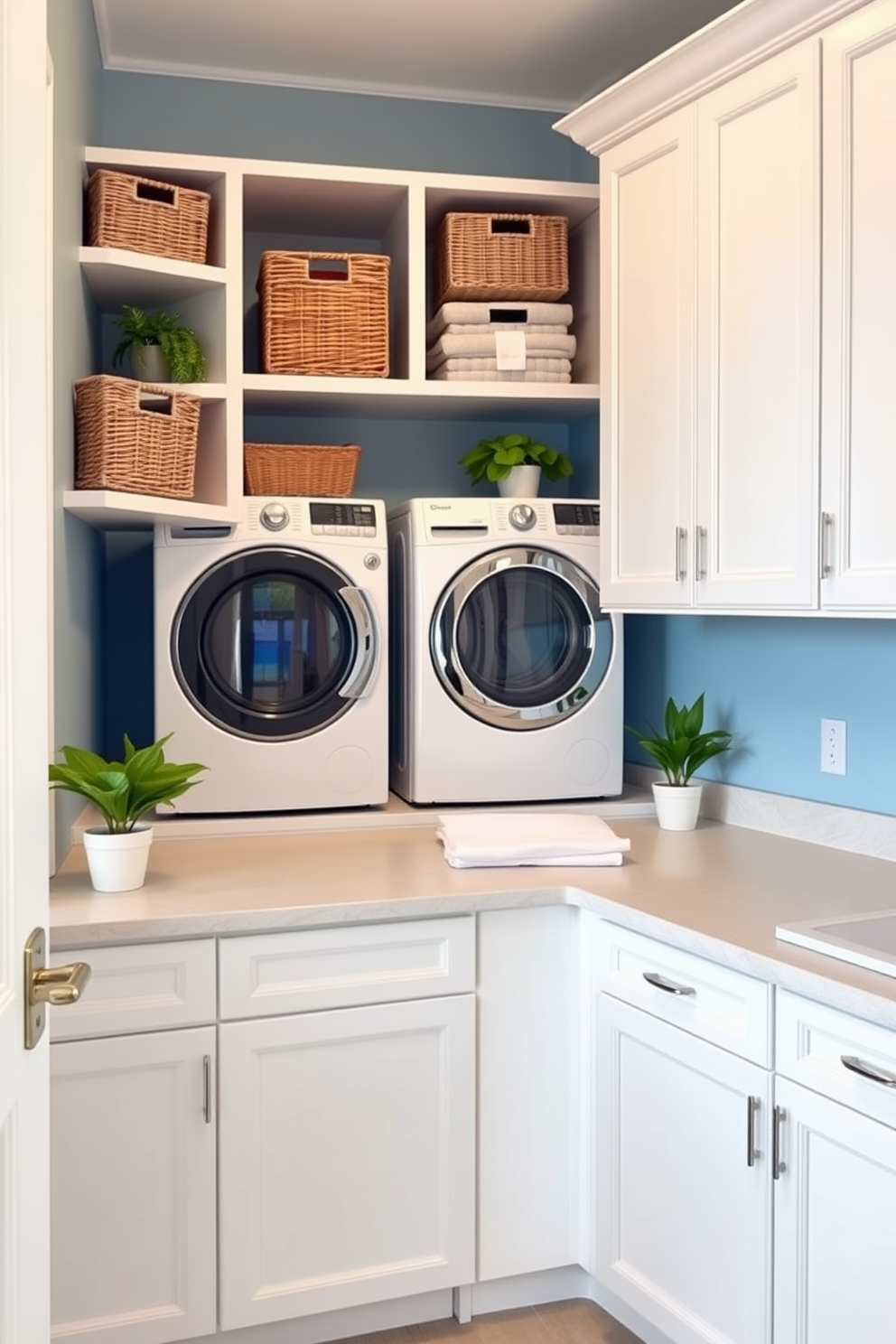 A bright and airy laundry room featuring a spacious countertop for folding clothes. The walls are painted in a soft blue hue, complemented by white cabinetry and open shelving displaying neatly arranged baskets. In one corner, a stylish washer and dryer set is stacked for efficiency. Potted plants are placed on the shelves and countertop, adding a touch of freshness and vibrancy to the space.