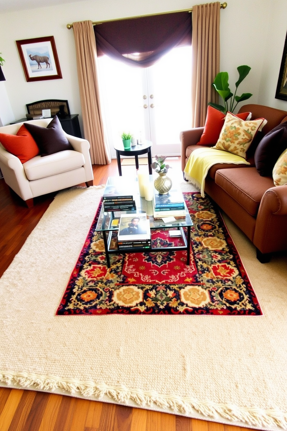 A cozy living room setting featuring a rustic wooden coffee table adorned with a vibrant American flag table runner. Surrounding the table are plush sofas in neutral tones, complemented by decorative pillows in red, white, and blue for a festive touch.