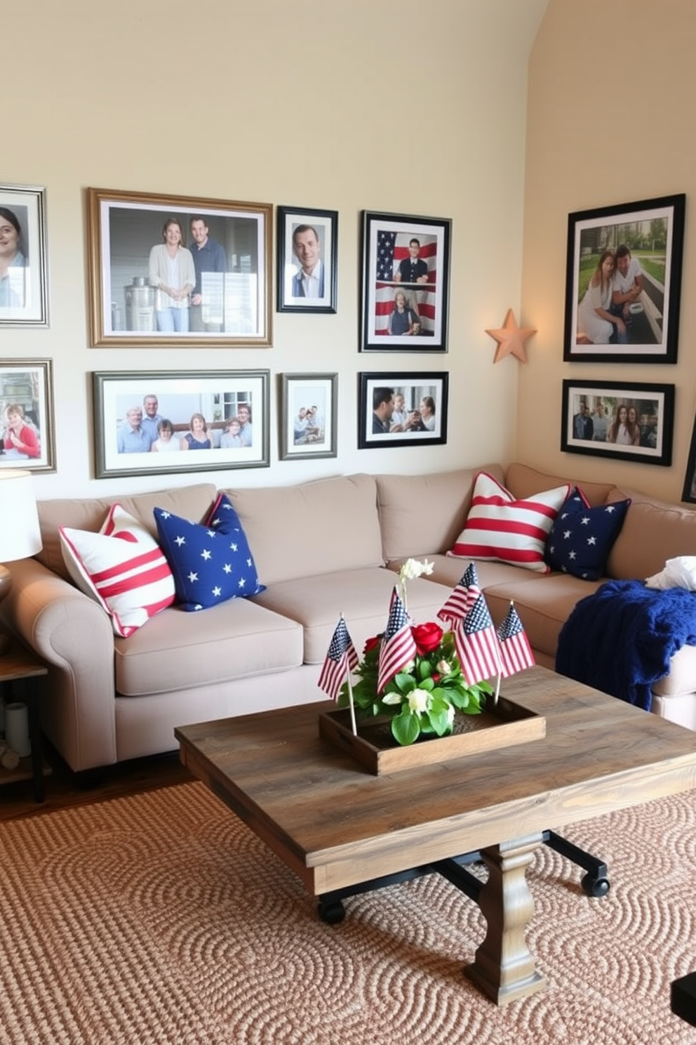 A stylish living room adorned with decorative bowls filled with mini flags celebrating Labor Day. The space features a comfortable sectional sofa in a neutral tone, complemented by vibrant throw pillows and a cozy area rug that ties the room together.