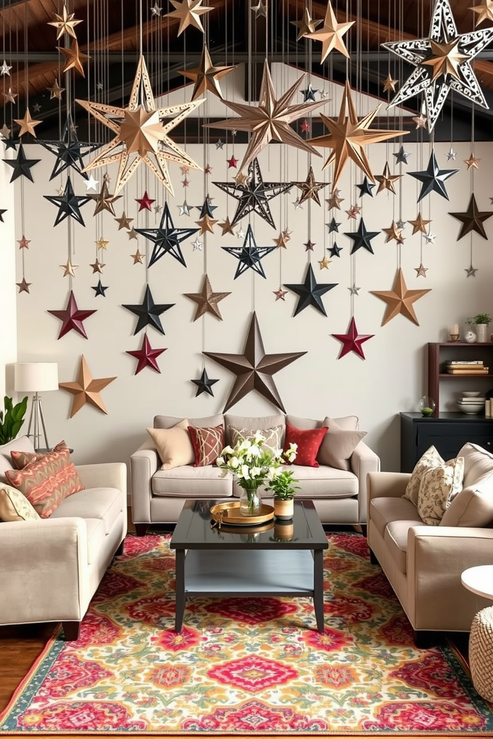 A cozy living room adorned with decorative stars hanging from the ceiling. The stars are crafted from a mix of metal and wood, creating a warm and inviting ambiance. Soft, neutral-colored furniture is arranged around a central coffee table, enhancing the relaxed atmosphere. A vibrant area rug anchors the space, adding a pop of color and texture to the floor.