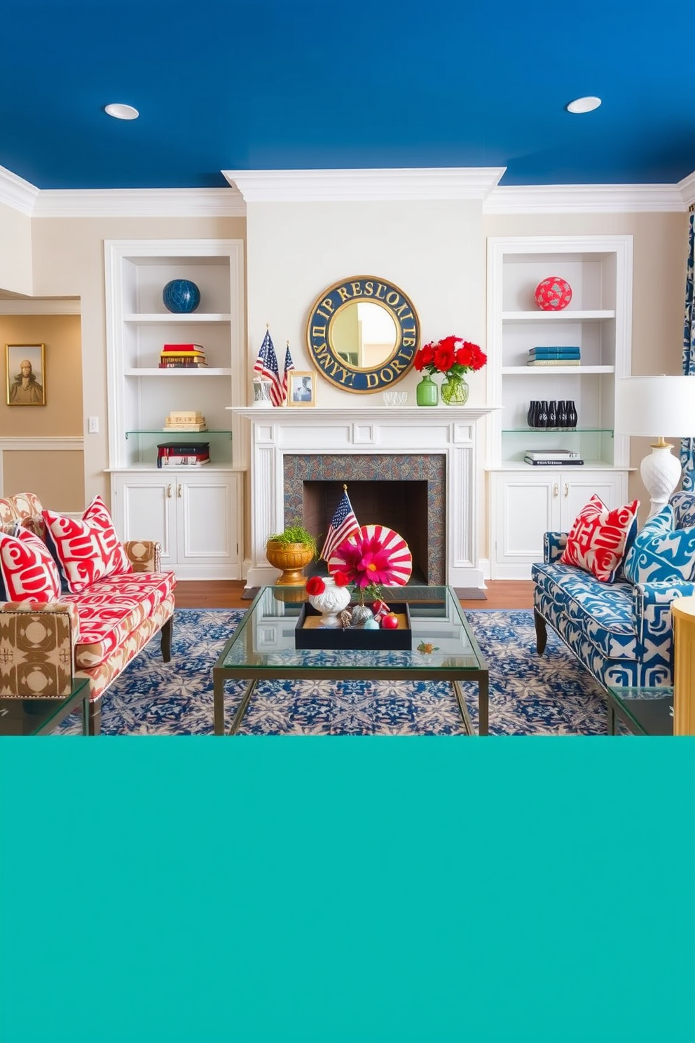 Create a vibrant living room featuring accent chairs with bold patterns. The chairs should be positioned around a stylish coffee table, complemented by a cozy area rug and colorful throw pillows. Incorporate festive Labor Day decorations, such as red, white, and blue accents throughout the space. Add a charming centerpiece on the coffee table that reflects the holiday spirit, enhancing the overall inviting atmosphere.