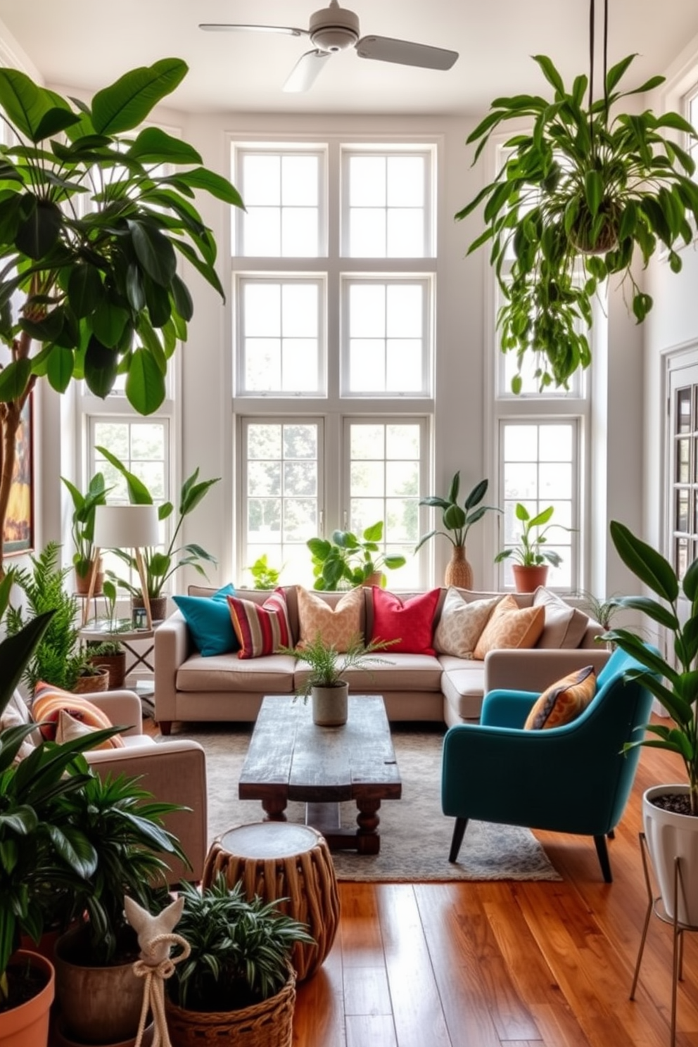 A bright and inviting living room filled with natural light. Lush potted plants in various sizes are strategically placed around the room, adding a fresh touch to the decor. The seating area features a comfortable sectional sofa adorned with colorful throw pillows. A rustic coffee table sits in the center, surrounded by stylish accent chairs that complement the overall theme.