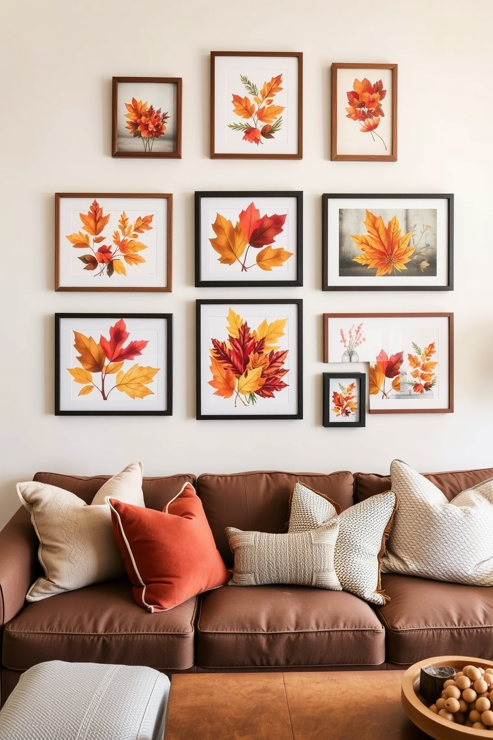 A gallery wall adorned with vibrant seasonal prints creates a dynamic focal point in the living room. The prints feature a mix of colorful autumn leaves and cozy harvest themes that evoke a warm and inviting atmosphere. Incorporate stylish frames in varying sizes to add depth and interest to the display. Complement the gallery wall with a comfortable seating arrangement and soft, textured throw pillows to enhance the cozy vibe.