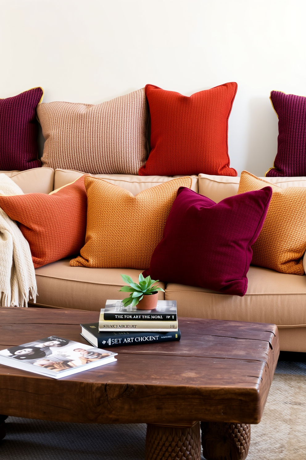 A cozy living room filled with textured cushions in warm tones of rust, ochre, and deep burgundy. The cushions are arranged on a plush sofa, complemented by a soft throw blanket draped over the armrest. A rustic coffee table sits in front of the sofa, adorned with a stack of art books and a small potted plant. The walls are painted in a soft cream color, enhancing the inviting atmosphere of the space.