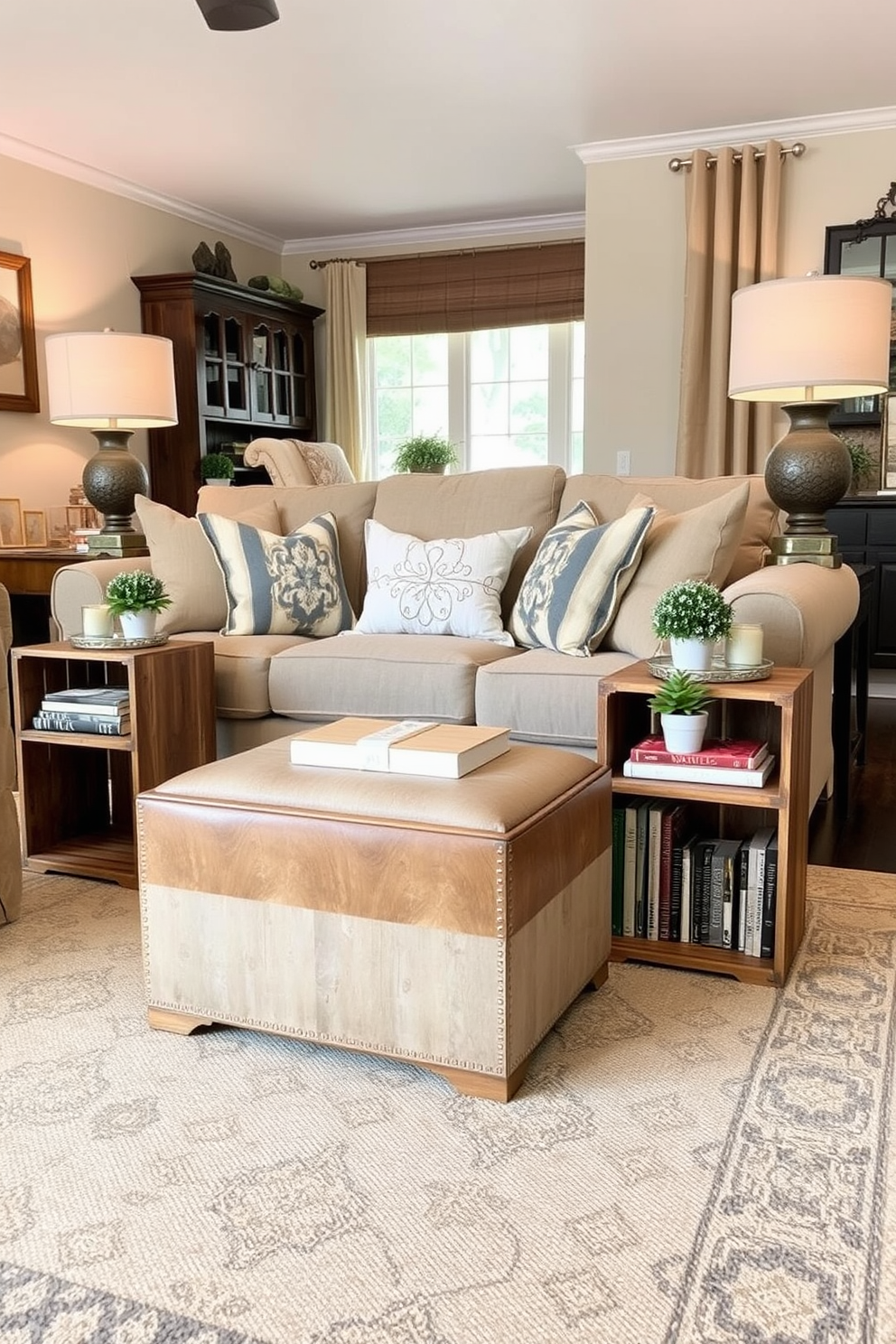 A cozy living room featuring wooden crates used as side tables flanking a plush sofa. The crates are styled with decorative books and small potted plants, adding a rustic charm to the space. The room is adorned with warm, earthy tones and soft textiles, creating an inviting atmosphere. A large area rug anchors the seating arrangement, enhancing the comfort of this Labor Day gathering space.