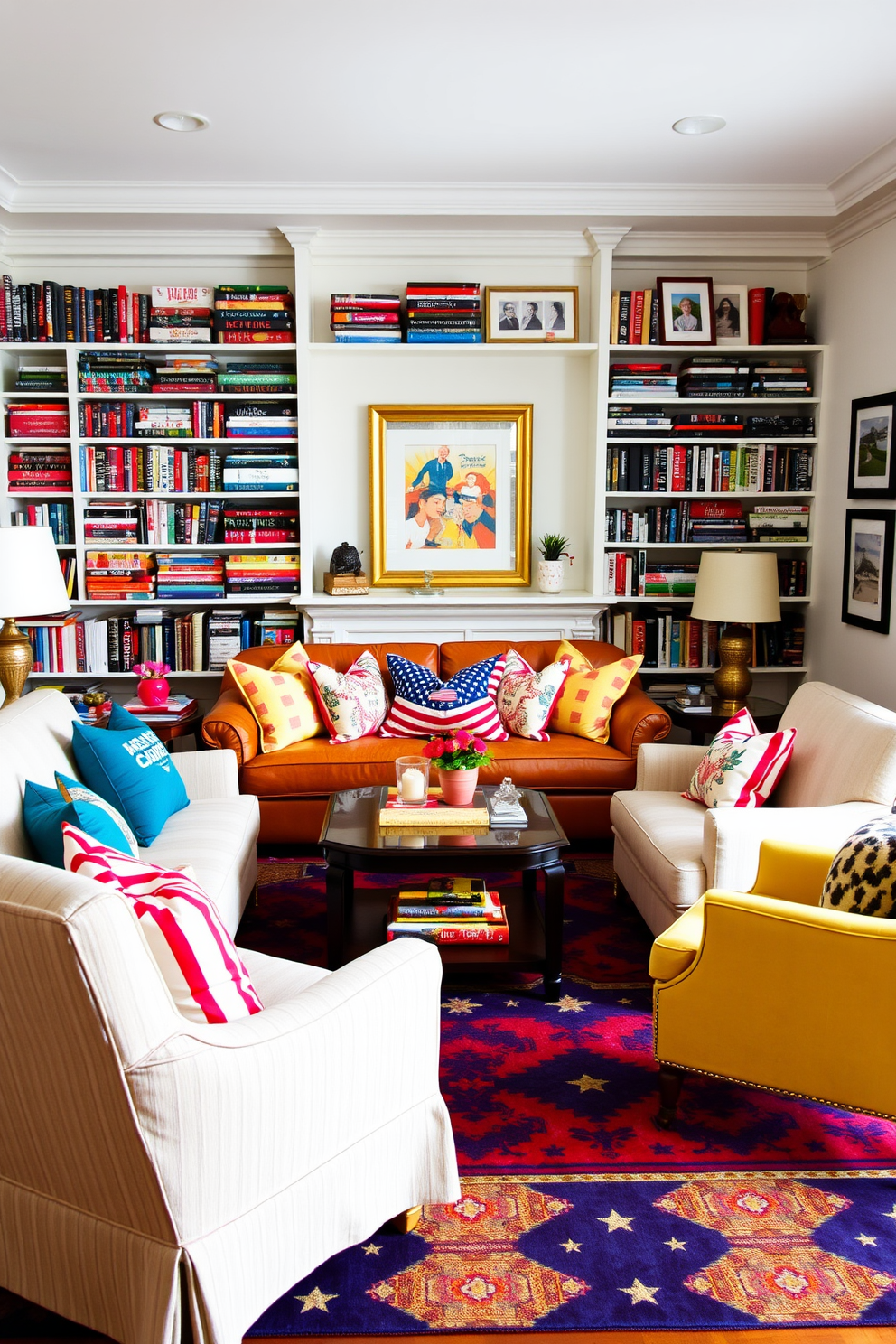 A cozy living room featuring layered rugs in red, white, and blue tones. The design incorporates a plush sofa adorned with patterned throw pillows, and a coffee table sits atop the vibrant rugs. Natural light floods the space through large windows, highlighting the warm wooden flooring. A patriotic-themed artwork hangs on the wall, complementing the festive atmosphere of the room.