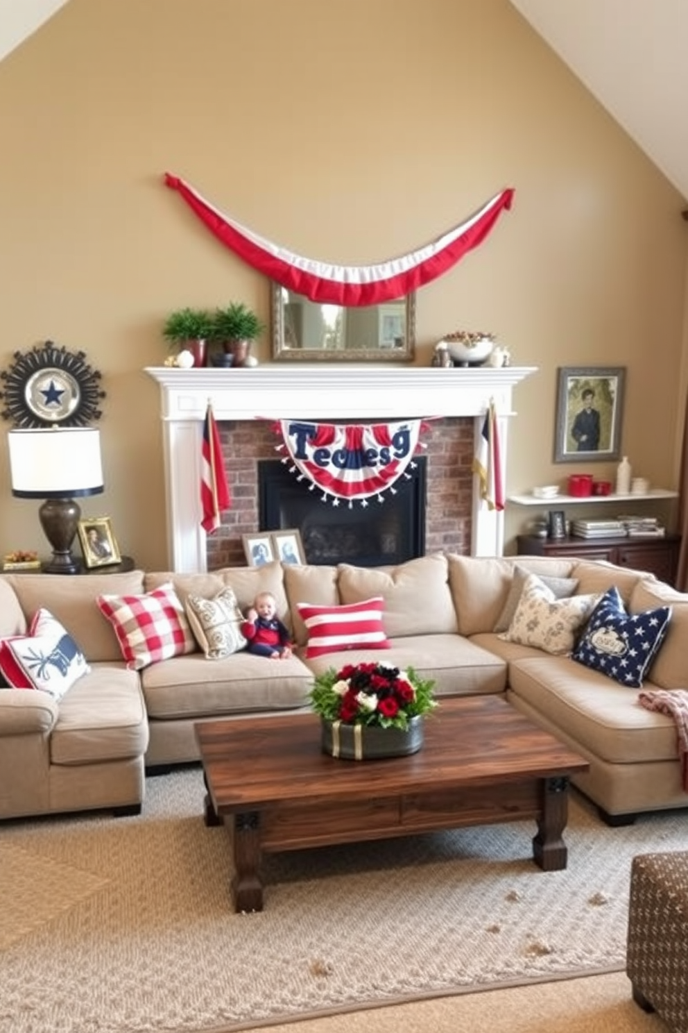 A patriotic living room featuring wall art adorned with stars and stripes. The space includes a cozy sofa in navy blue, accented with throw pillows in red and white, creating a festive atmosphere for Labor Day celebrations.