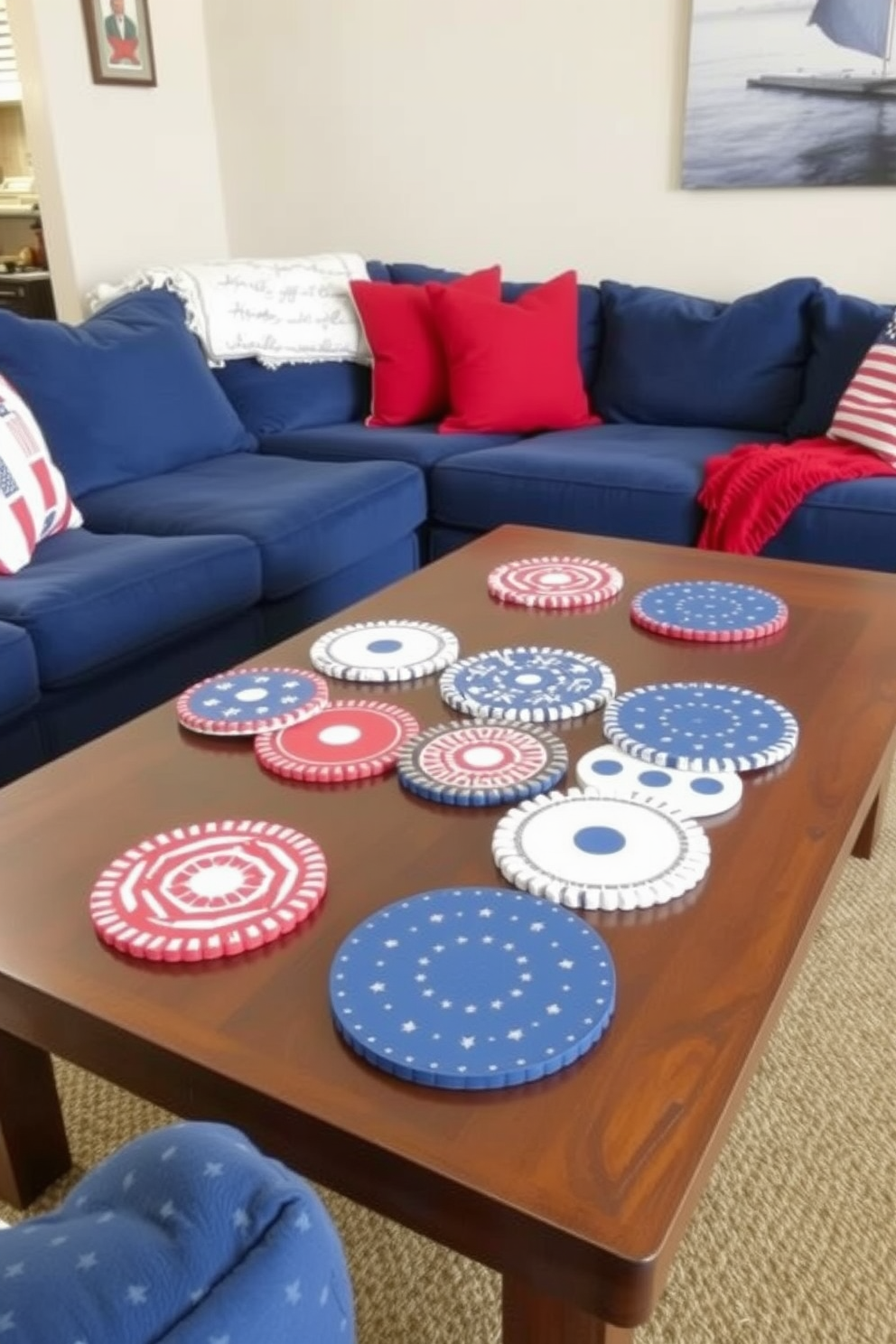 A cozy living room featuring a coffee table adorned with patriotic-themed coasters. The table is surrounded by a plush sectional sofa in deep blue, complemented by red and white throw pillows to celebrate Labor Day.