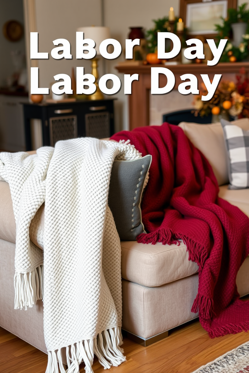 Cozy throw blankets are elegantly draped over plush sofas in a warm and inviting living room. The space is adorned with seasonal decor that captures the essence of Labor Day, featuring rich colors and textures that evoke comfort and relaxation.