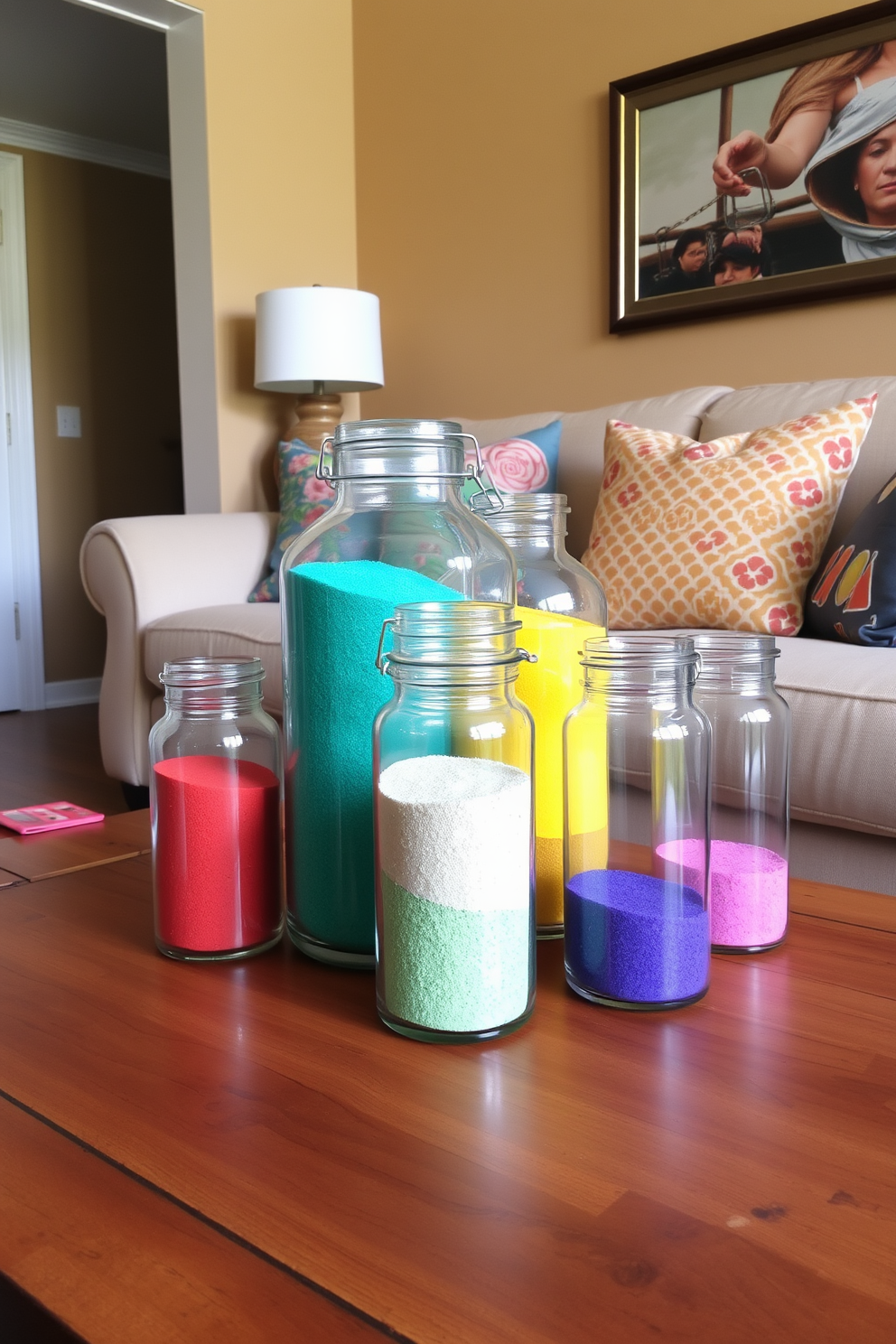 A vibrant living room setting featuring glass jars filled with colored sand displayed on a wooden coffee table. The walls are painted in a warm beige tone, complemented by a cozy beige sofa adorned with colorful throw pillows.