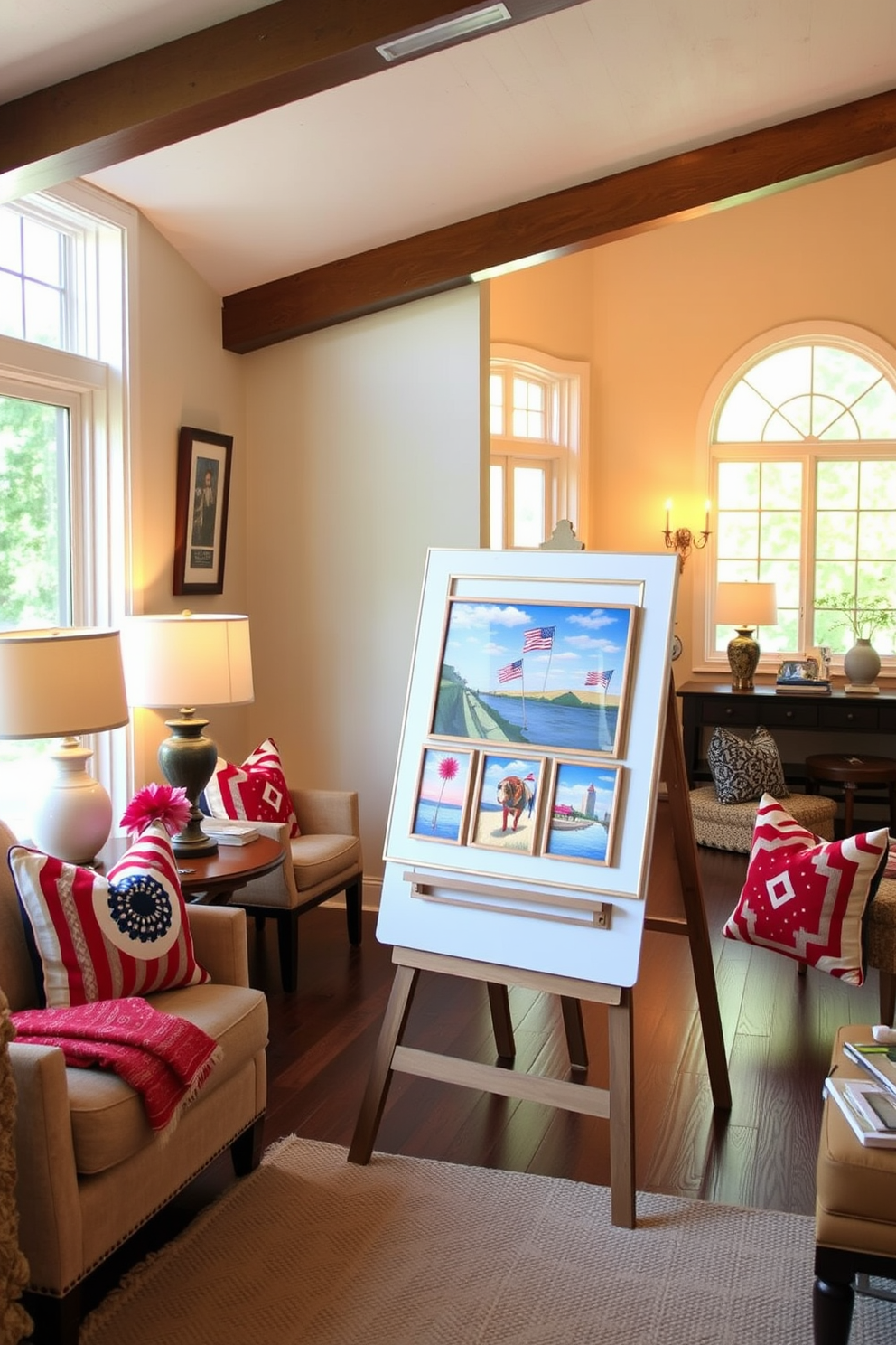 A bright and inviting living room features a display easel showcasing seasonal artwork that captures the essence of Labor Day. The space is adorned with comfortable seating, warm lighting, and accents of red, white, and blue to celebrate the holiday.